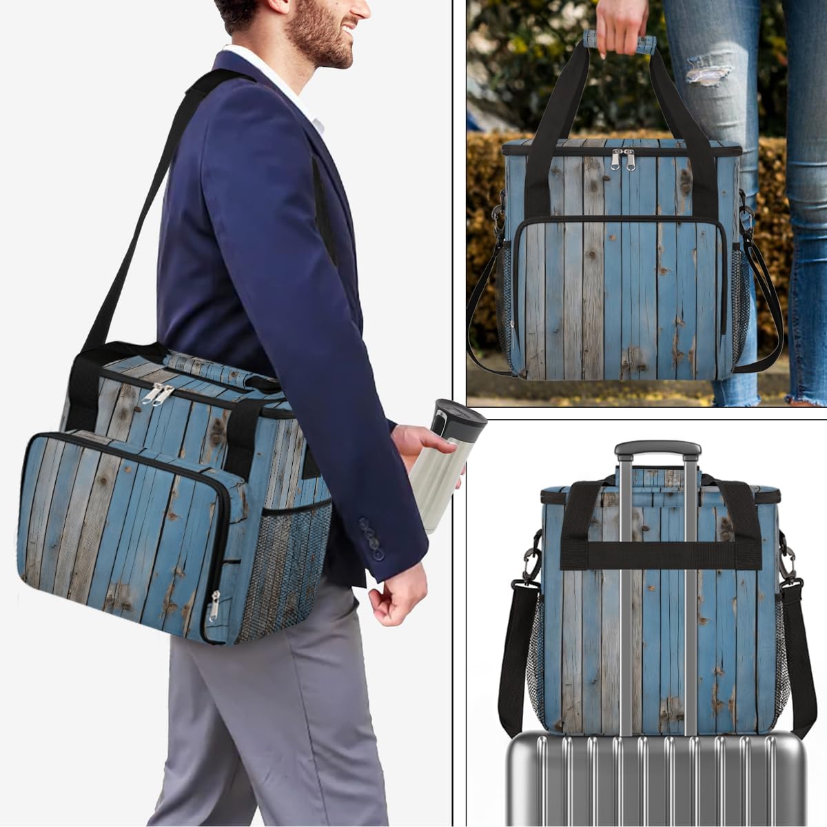 Blue Wood Planks Portable Coffee Maker Carrying Bag Compatible with Keurig K-Mini or K-Mini Plus - Travel Storage Tote with K-Cup Pod Pockets for Single Serve Coffee Brewer