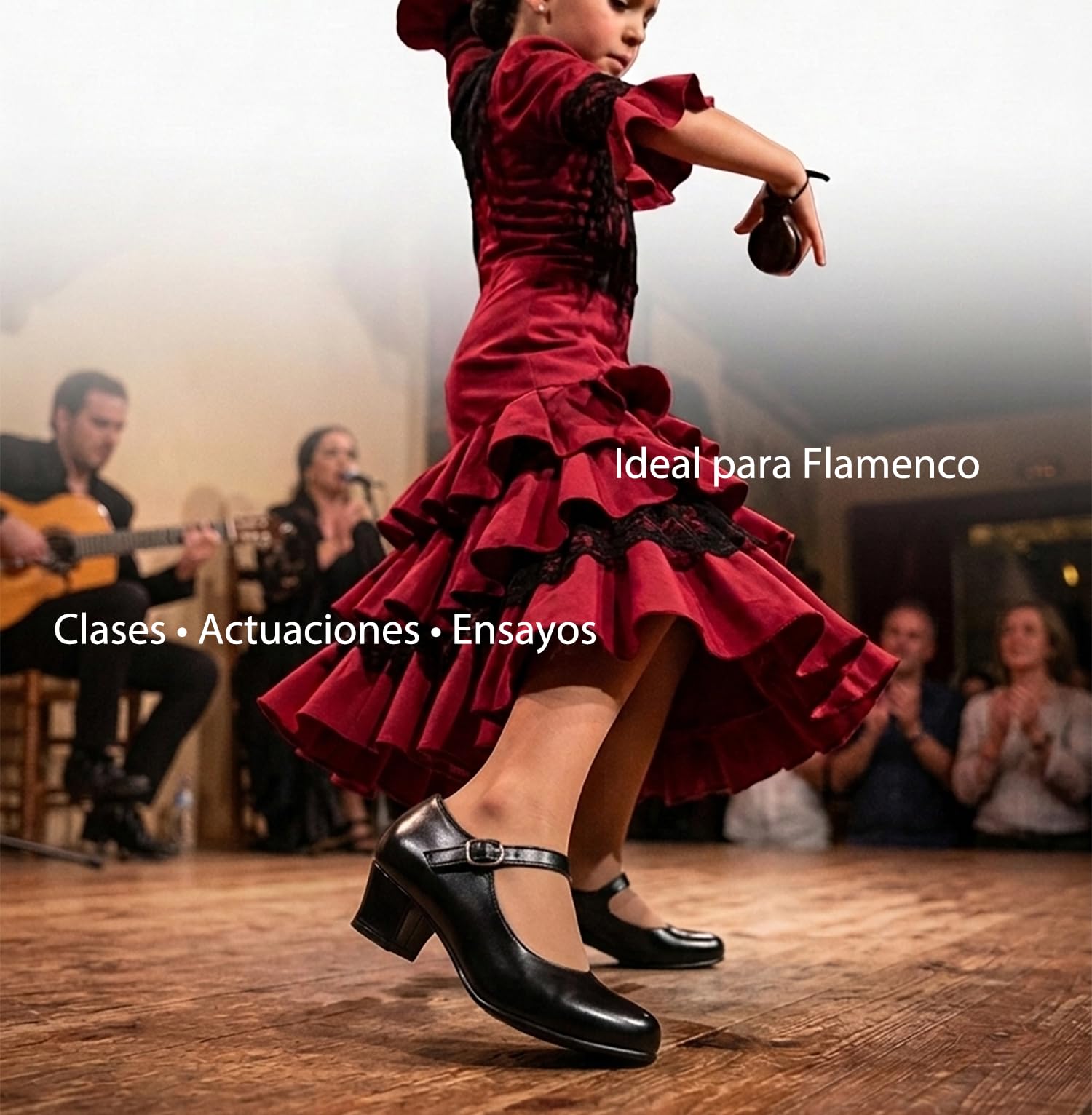 Zapatos Flamenco Niña Baile Danza Sevillanas con Tacón Correa Ajustable, Suela Antideslizante
