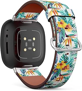 CJBROES Replacement Leather Watch Band, Compatible with Fitbit Versa 3 and Fitbit Sense of Wristband Bracelet Accessory - Watercolor Tropical Leaves Flowers