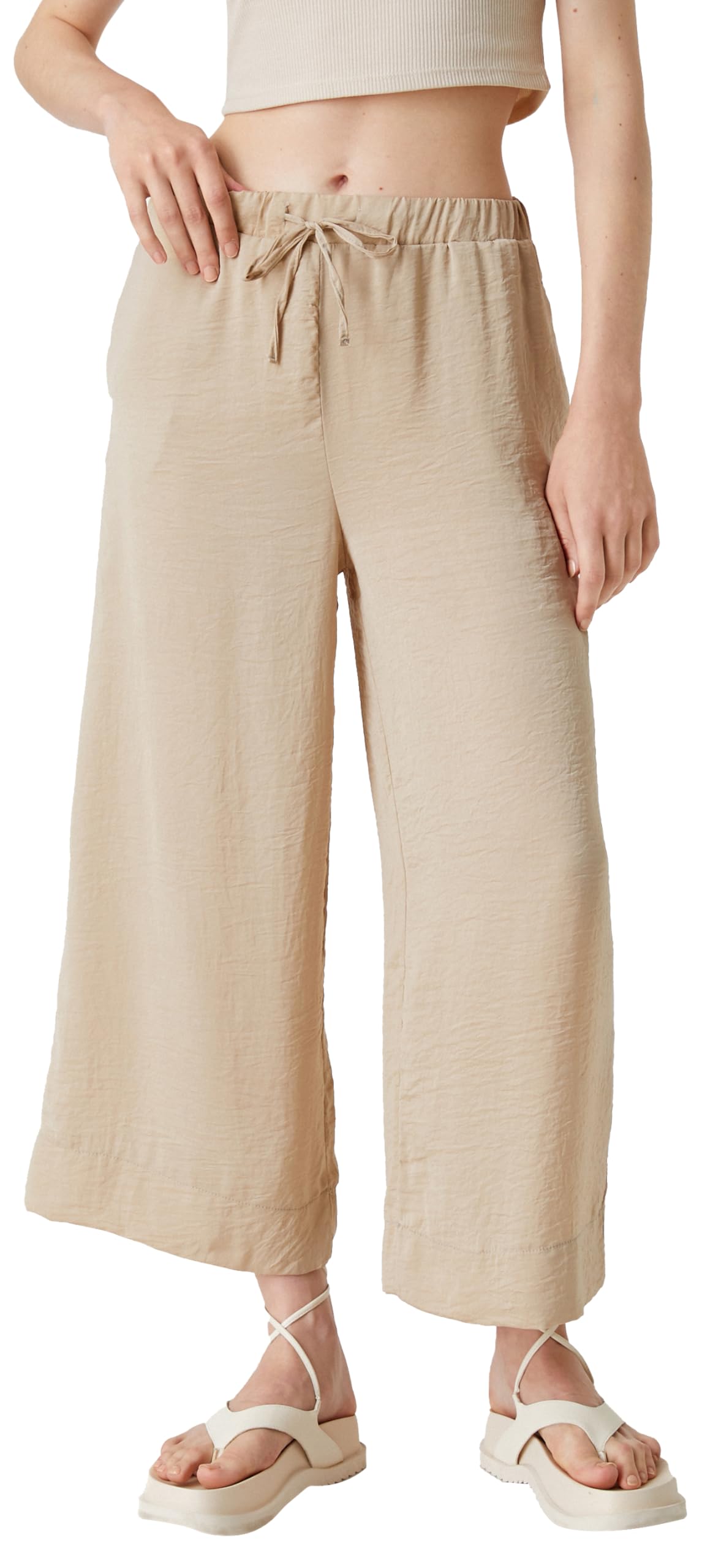 Crop Pantolon Bol Paça Beli Bağlamalı Saten Görünümlü