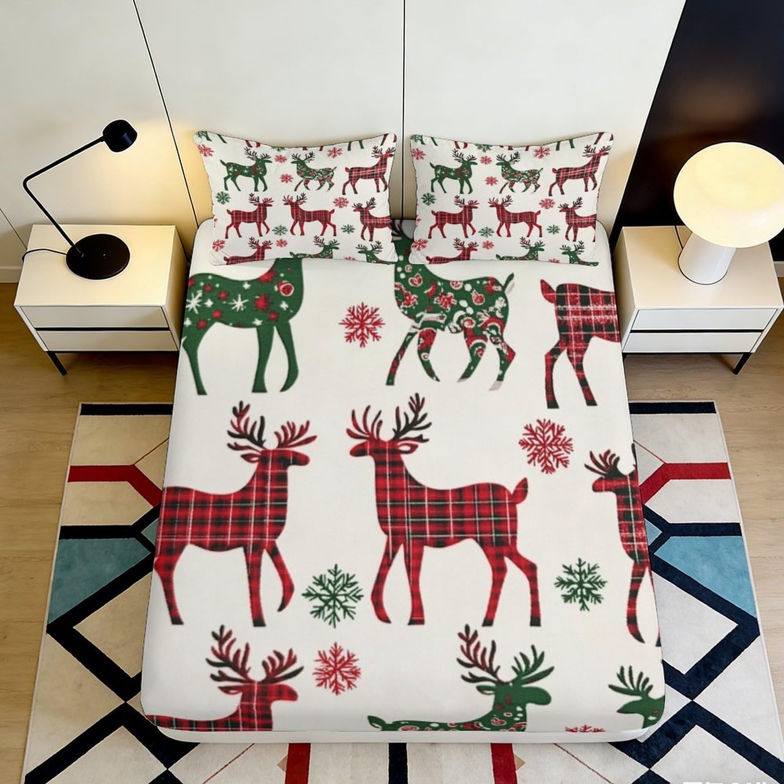 Pnayamiorkfel Style-8 3D Printed Festive Reindeer Fitted Sheet Microfiber Holiday Plaid Christmas Bed Cover For Bedroom Guest Room Decor 90X200x25cm