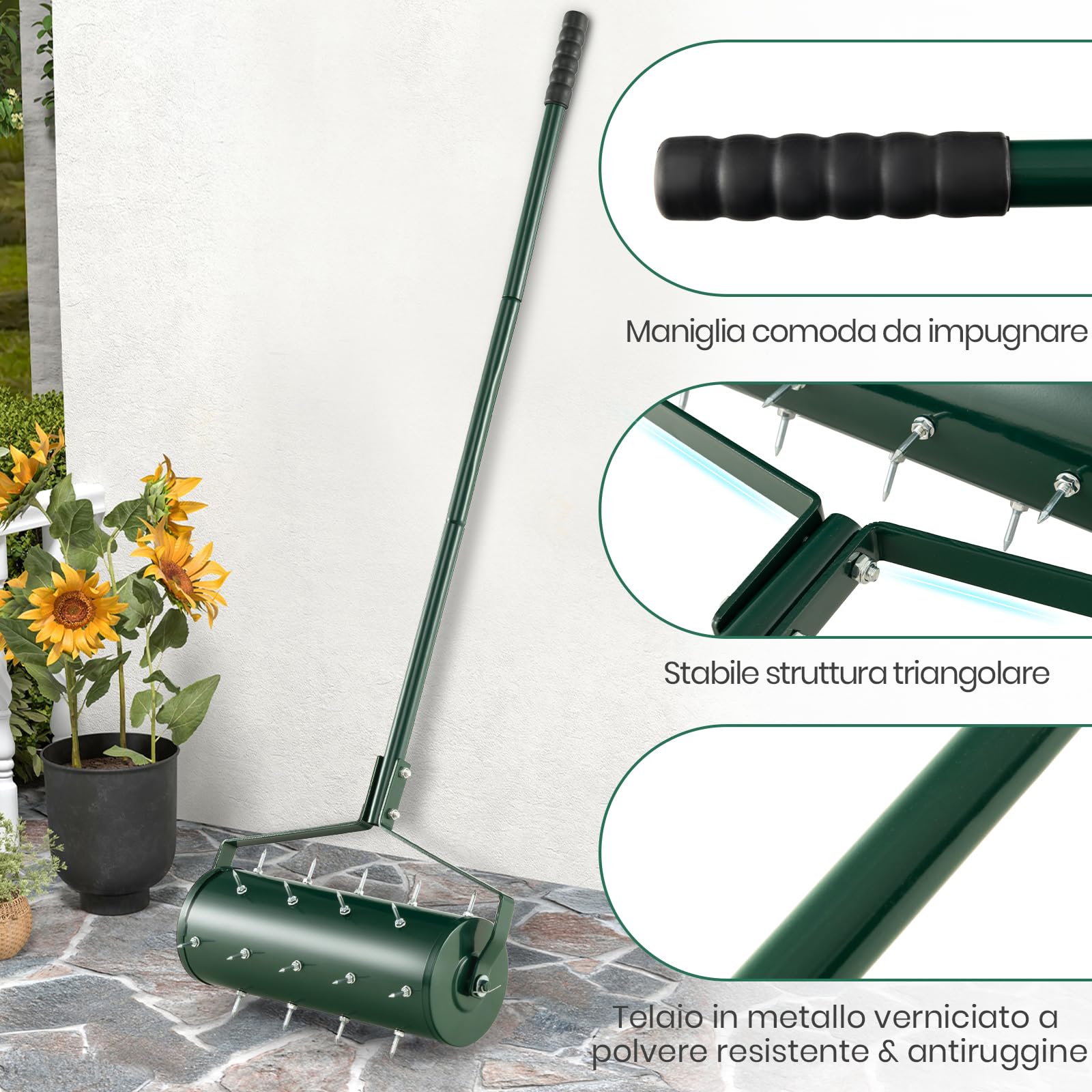 RELAX4LIFE Arieggiatore per Prato con Rullo da 44 cm / 52 cm, 27/33 Punte Antiruggine da 3,4 cm, Aeratore da Prato con Manico Lungo,Ideale per Cortili, Giardini e Prato (Larghezza: 44 cm, Verde)