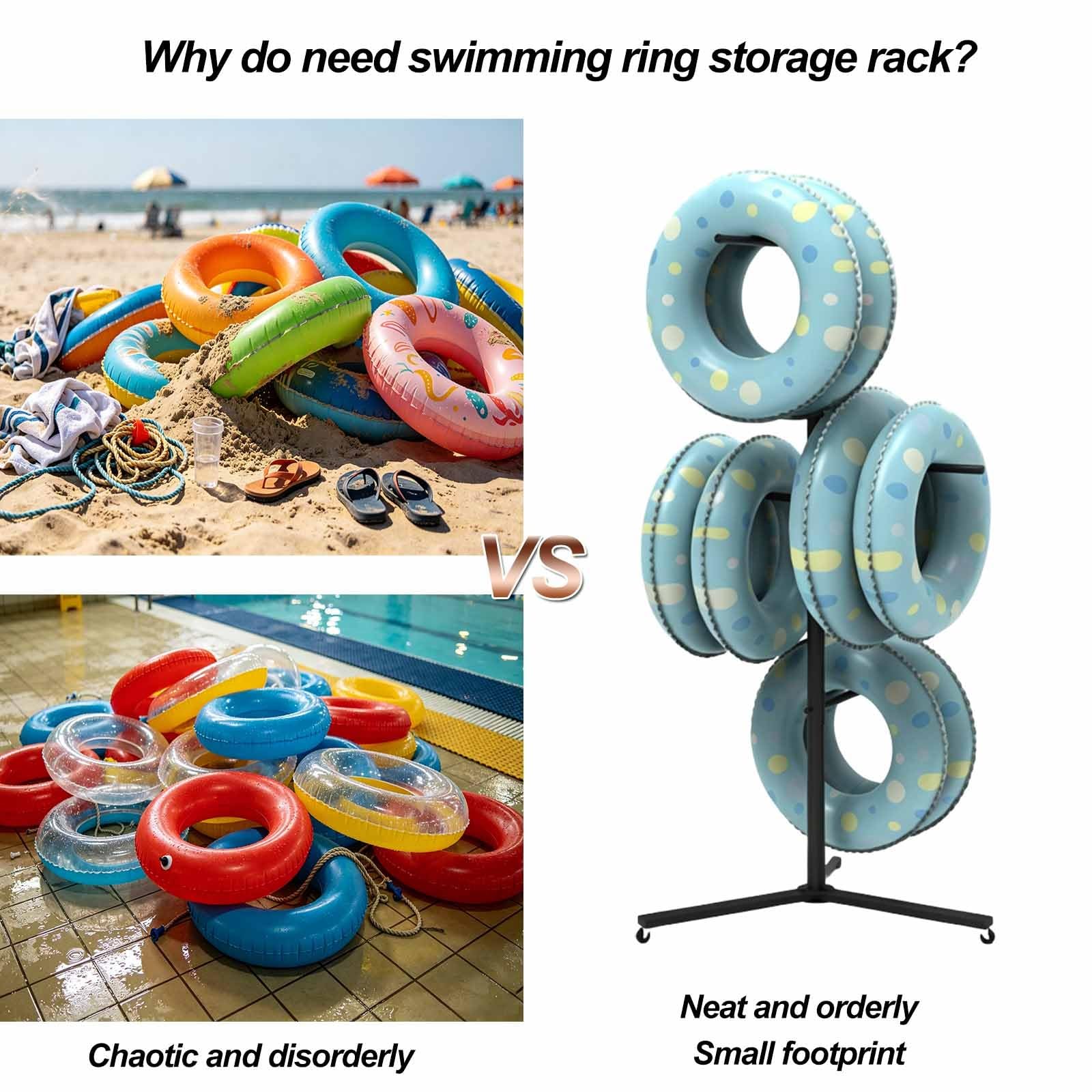 Porta salvagenti e galleggianti, organizer da bordo piscina alto 189 cm con 3 ruote e 4 traverse, supporto per asciugare l'attrezzatura da nuoto per l'area della piscina esterna