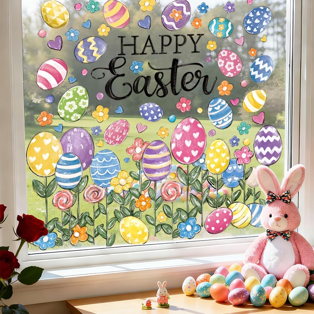 DIYDEC 6 Sheets Large Easter Window Clings Happy Easter Eggs Window Decals Oil Painting Eggs Flowers Stickers for Holiday Home Office School Party Gifts Decor Spring Glass Decoration