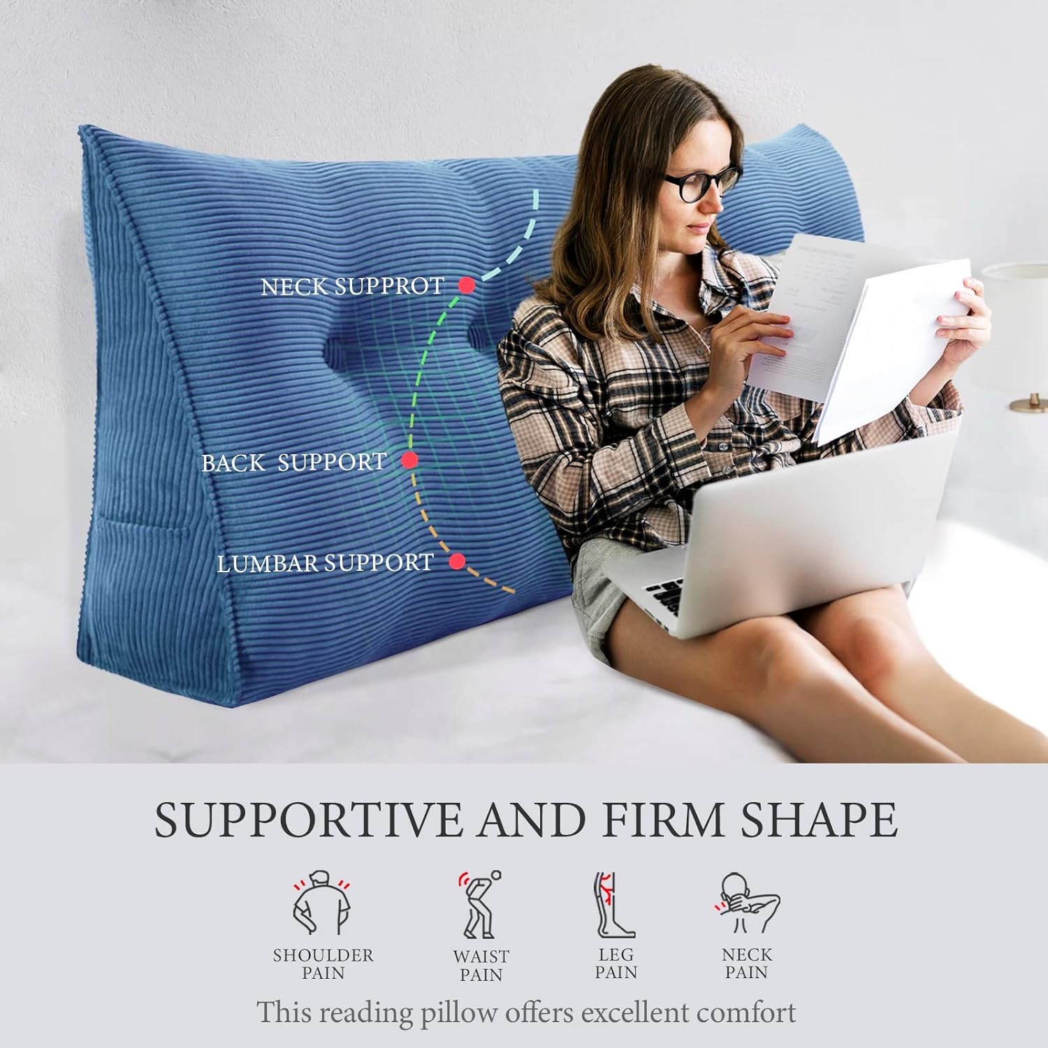 Headboard Wedge Pillow Triangular Bolster Pillows for Bed Rest Reading Pillow Daybed Sofa Cushion Corduroy Large Support Backrest Lumbar Positioning Upholstered (Sky Blue,Twin)