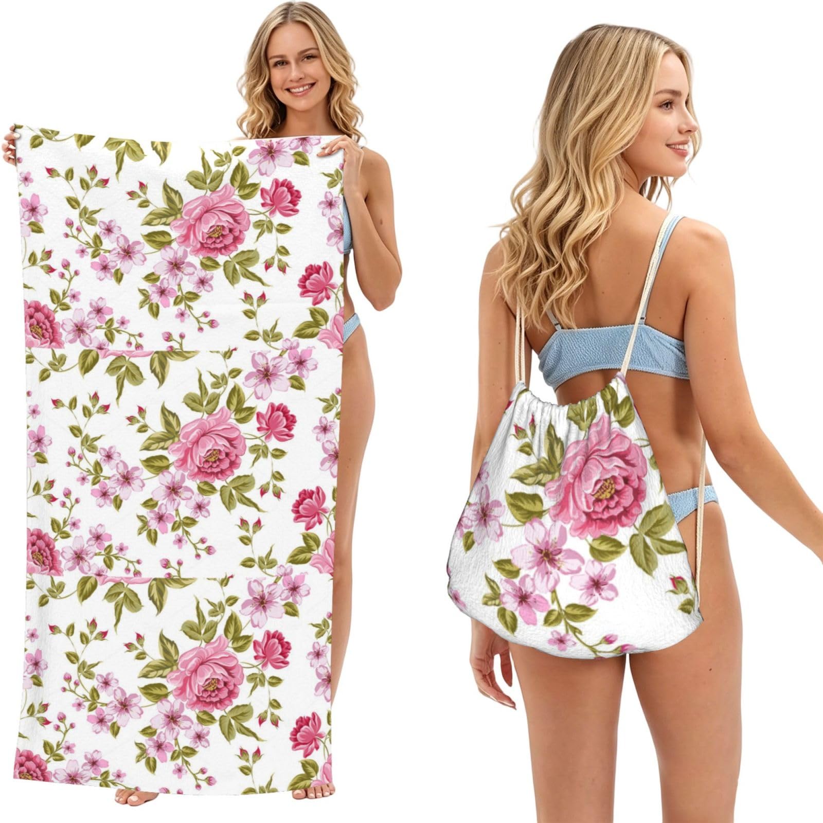 Poadnly As Picture Straw Pink Peonies, 2 In 1 Packable Towel Bag, Beach Towels With Drawstring Backpack For Travel Holiday Camping