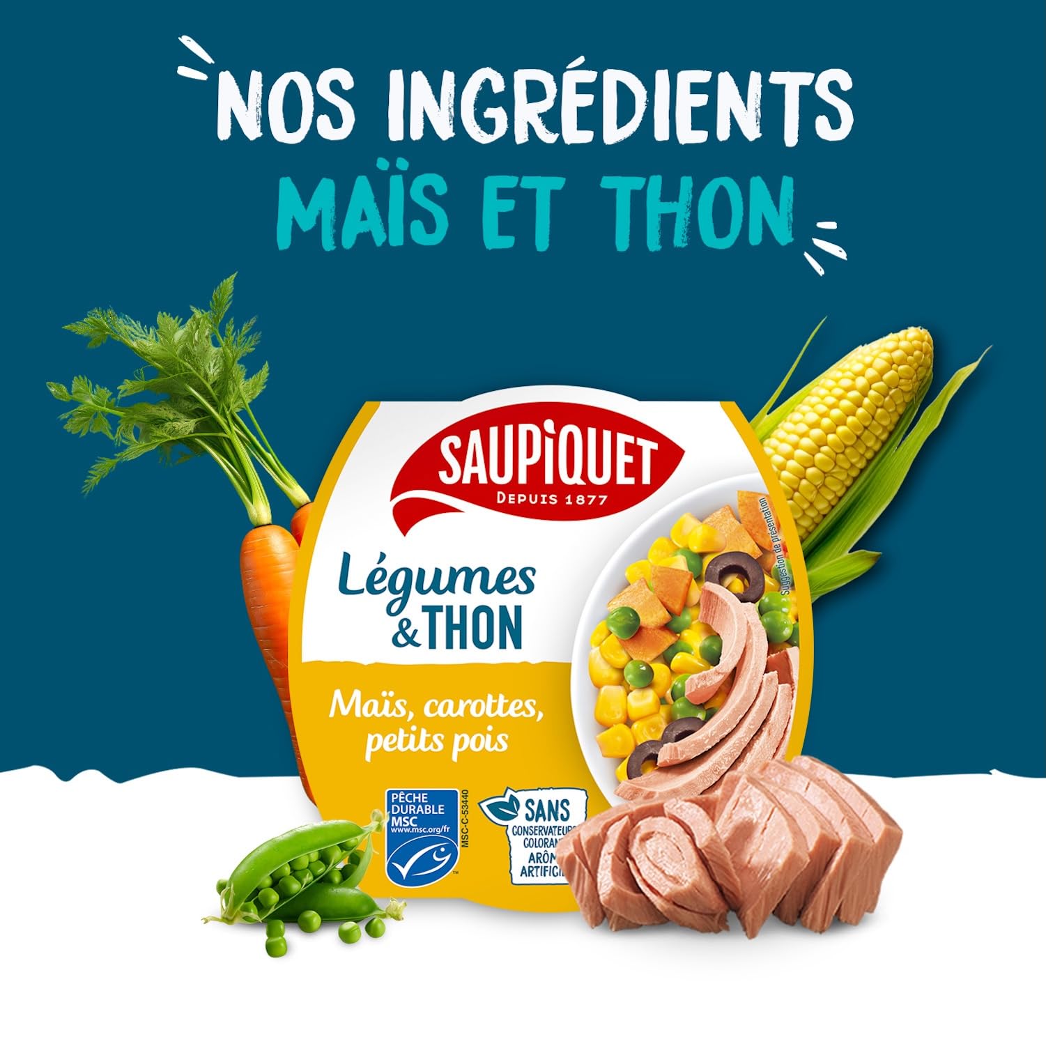 SAUPIQUET - Légumes & Thon - Maïs, Carottes, Petits Pois - Salade Prête à Consommer - Température Ambiante - Idéal Pique-Nique - Poisson Issu Pêche Traçabilité Garantie - 9 Conserves (160 g)