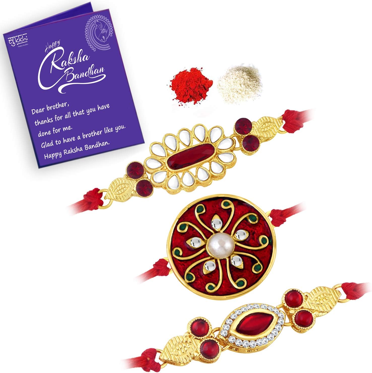 Sukkhi RakhiExtravagant Kundan Rakhi Combo & Designer Gold Plated Premium Rakhi for Brother, Roli Chawal & Greeting Card|Rakhi for Bhaiya|Rakhi for MEN|Kundan Rakhi|Rakhi Combo-Set of 3 |CBRAK82929