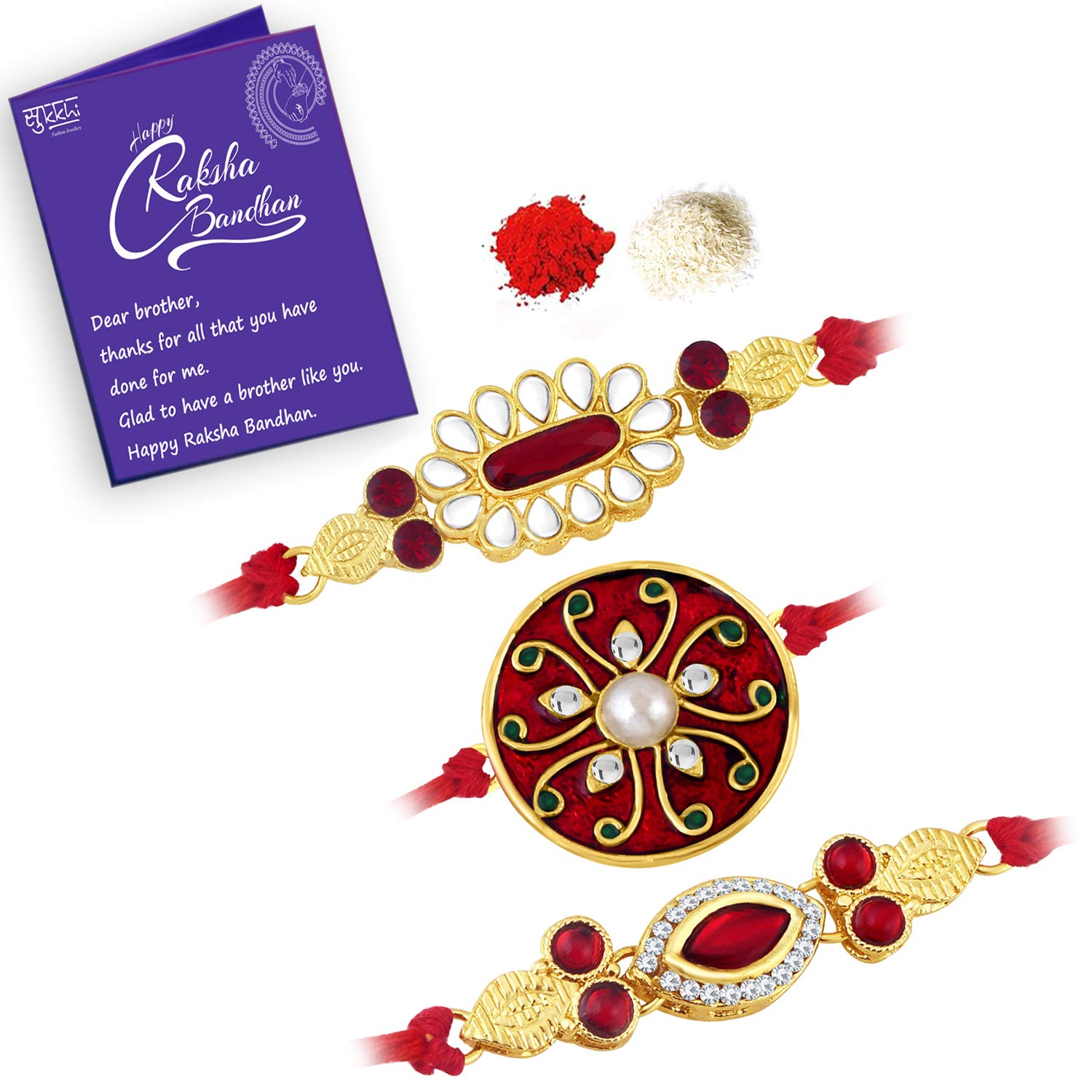 Sukkhi RakhiExtravagant Kundan Rakhi Combo & Designer Gold Plated Premium Rakhi for Brother, Roli Chawal & Greeting Card|Rakhi for Bhaiya|Rakhi for MEN|Kundan Rakhi|Rakhi Combo-Set of 3 |CBRAK82929