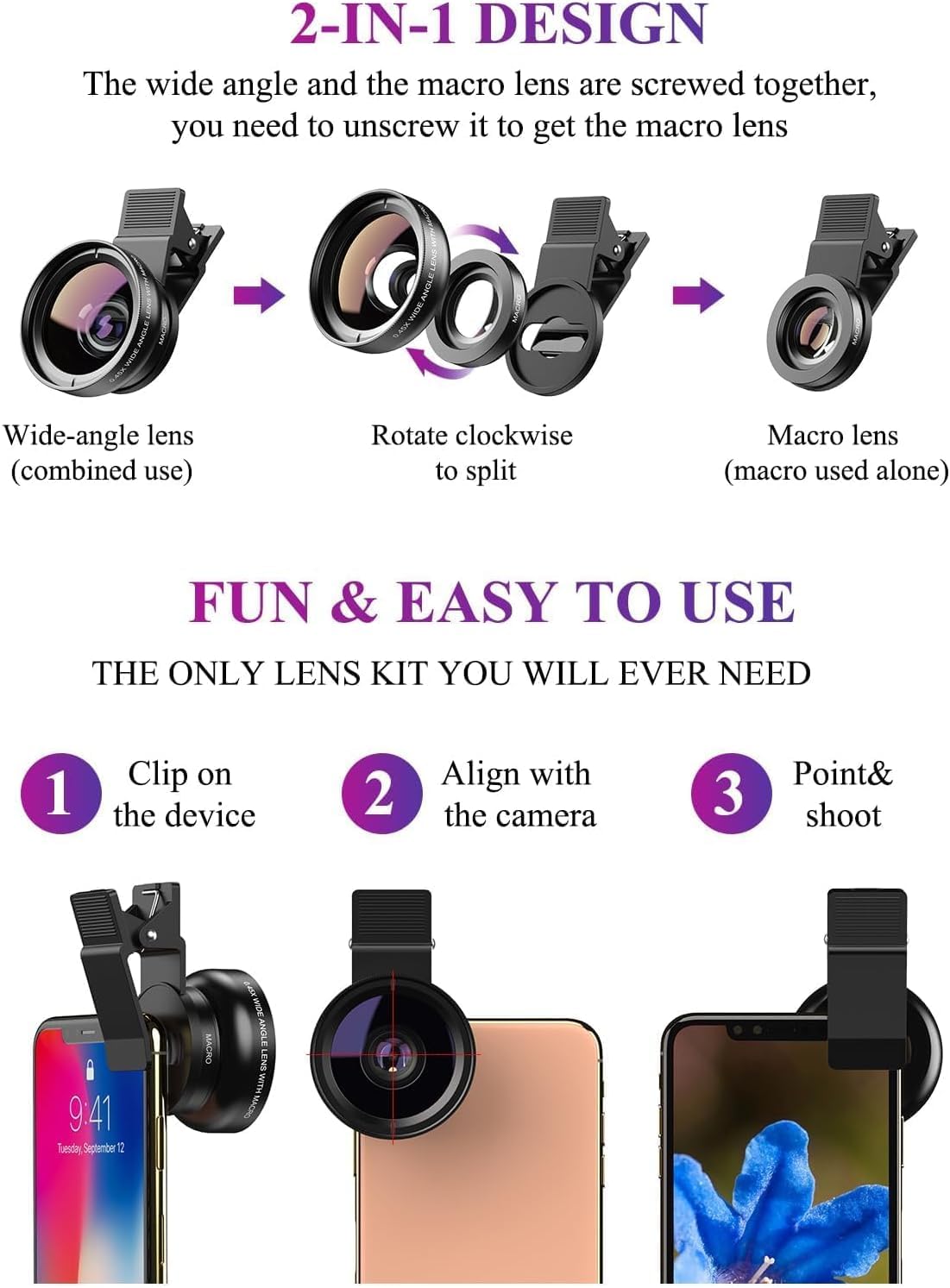 2-in-1 Universal Handy Kamera objektiv, Handy objektiv Set, 12,5X Macro Lens, 0,45X Weitwinkel, Makroobjektiv für die meisten Smartphones