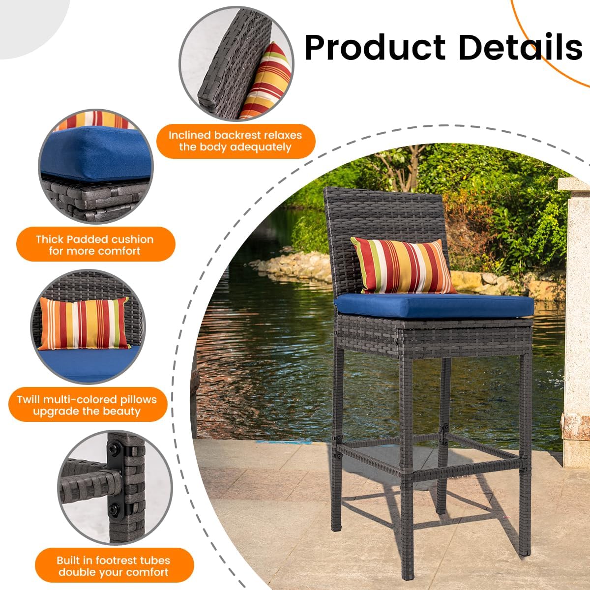 Sundale Outdoor Wicker Bar Stool Set of 6, 30 Inch Seat Height Patio Counter Height Stool with Back Rest, Rattan Woven Tall Chair with Pillow & Cushion (Charcoal&Navy Blue, Small Seat - 6 Stools)
