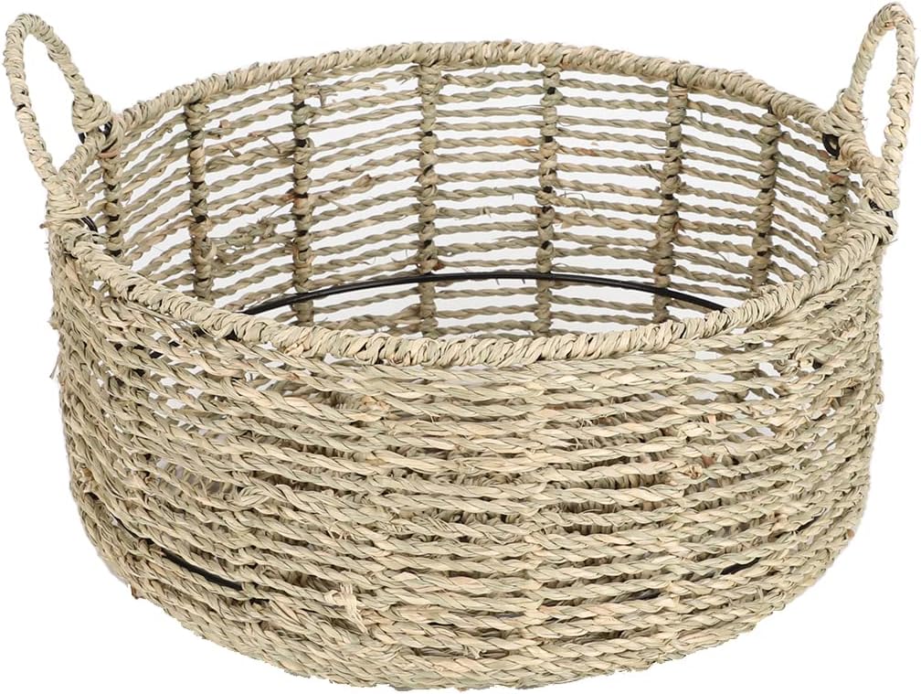 Round Seagrass Storage Basket with Handles - Handwoven Wicker Basket (12.01"Dx5.51"H)