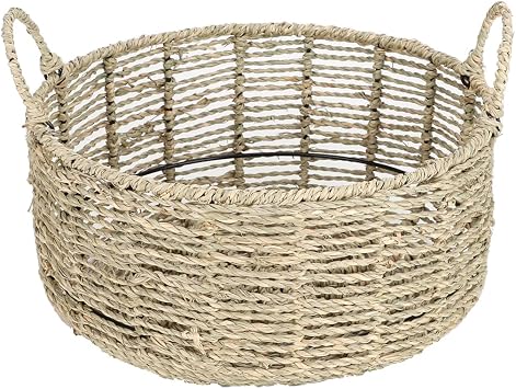 Round Seagrass Storage Basket with Handles - Handwoven Wicker Basket 12.01"Dx5.51"H