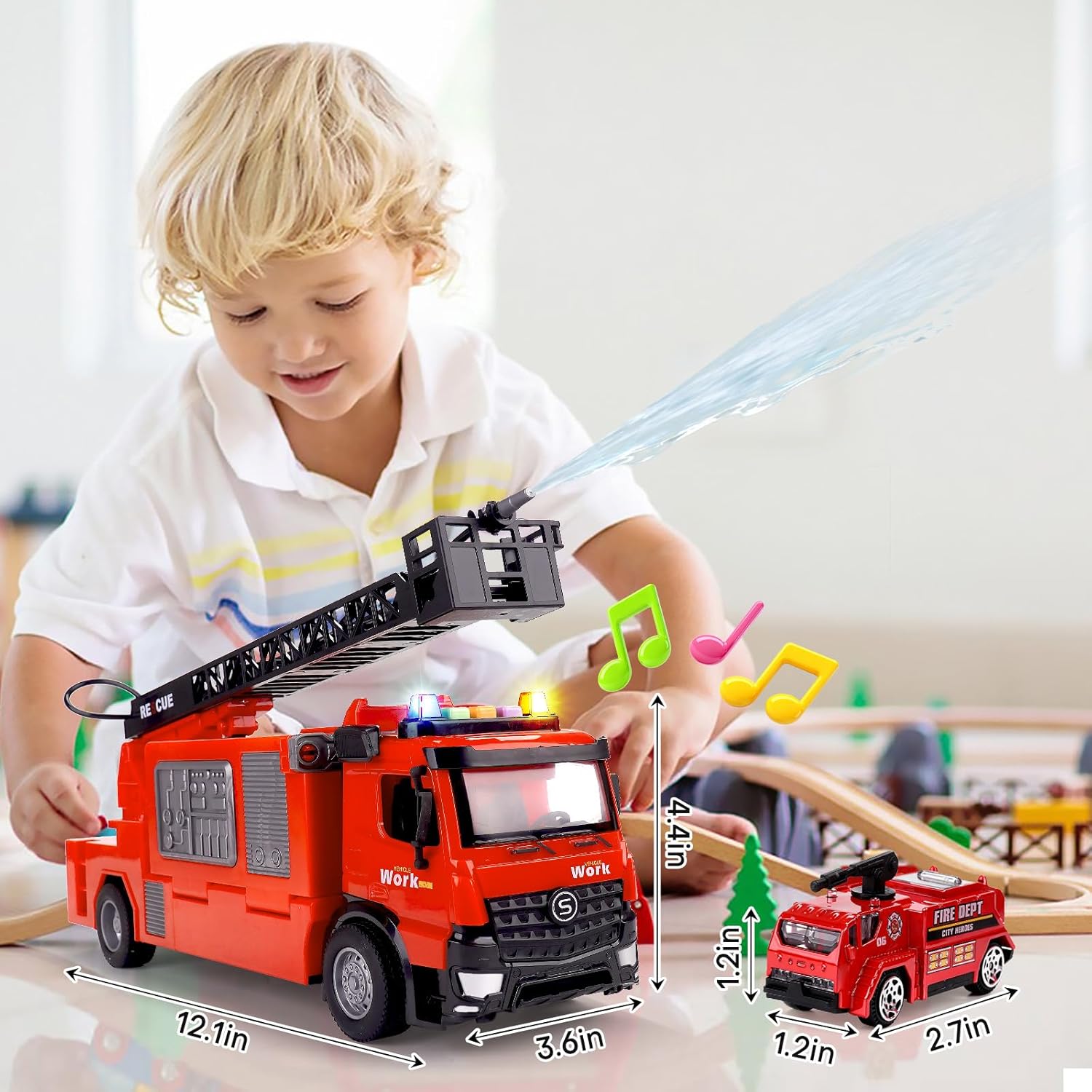Fire Truck Toy with Water-Spraying, Lights & Sirens for Kids, Includes Large Parking Garage, 4 Mini Vehicles, Launching Tracks, Action Figures & Traffic Signs