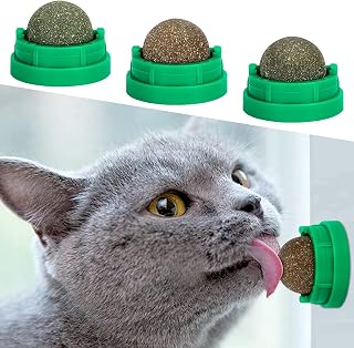 SINROBO 3 Pack Edible Catnip Balls Wall Toys - Natural Teeth Cleaning Chew Toys with Catnip, Silvervine & Gall Fruit for Cats (Green)
