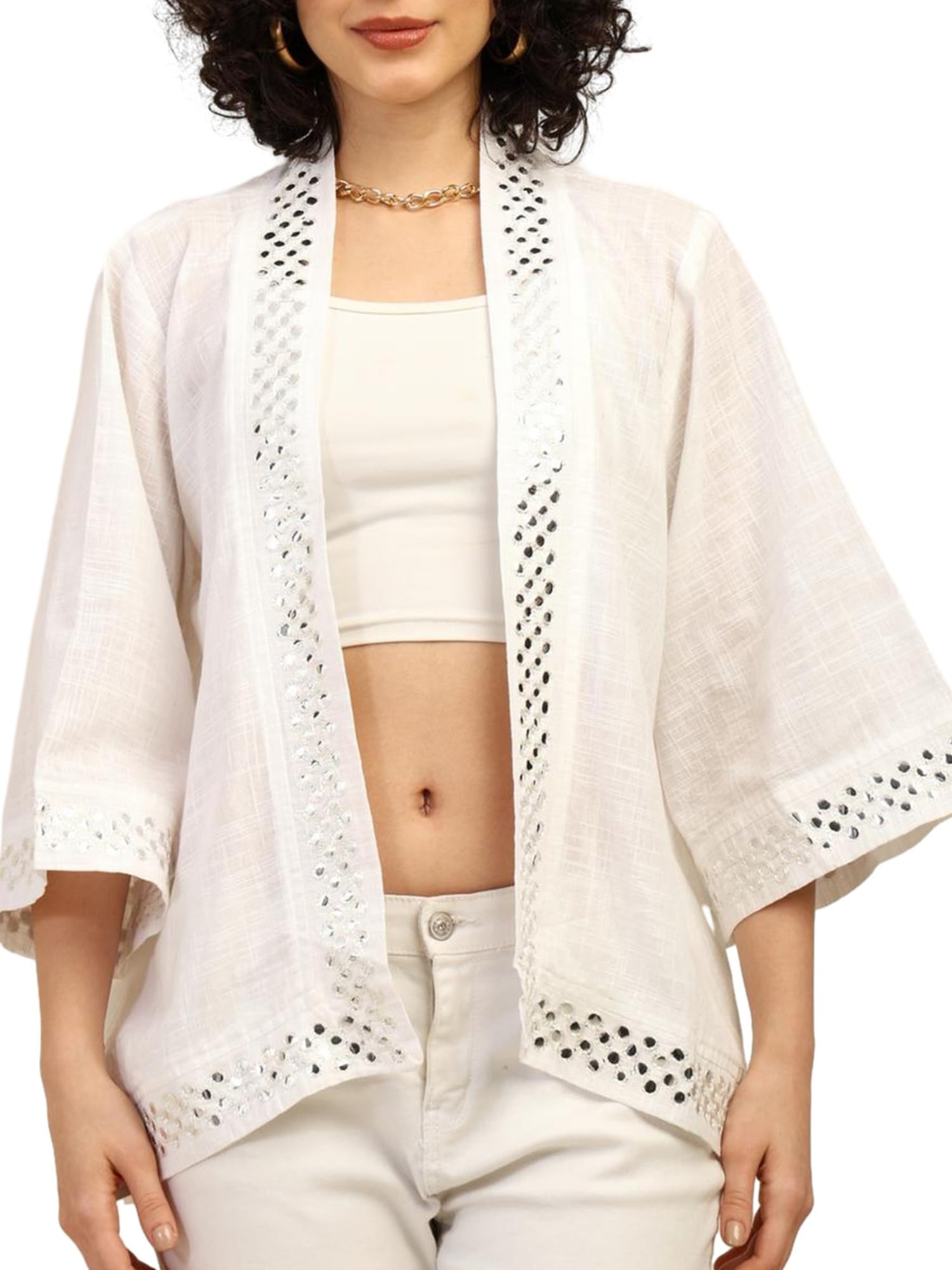 KE KANHA EXPORTS Women Premium Cotton Sheesha Embroidery Shrug for Woman | Stylish Western Ethnic Cape Jacket | Breathable 3/4 Sleeve Open Front Shrugs for Women Stylish Party, Beach, Casual Wear-image-26