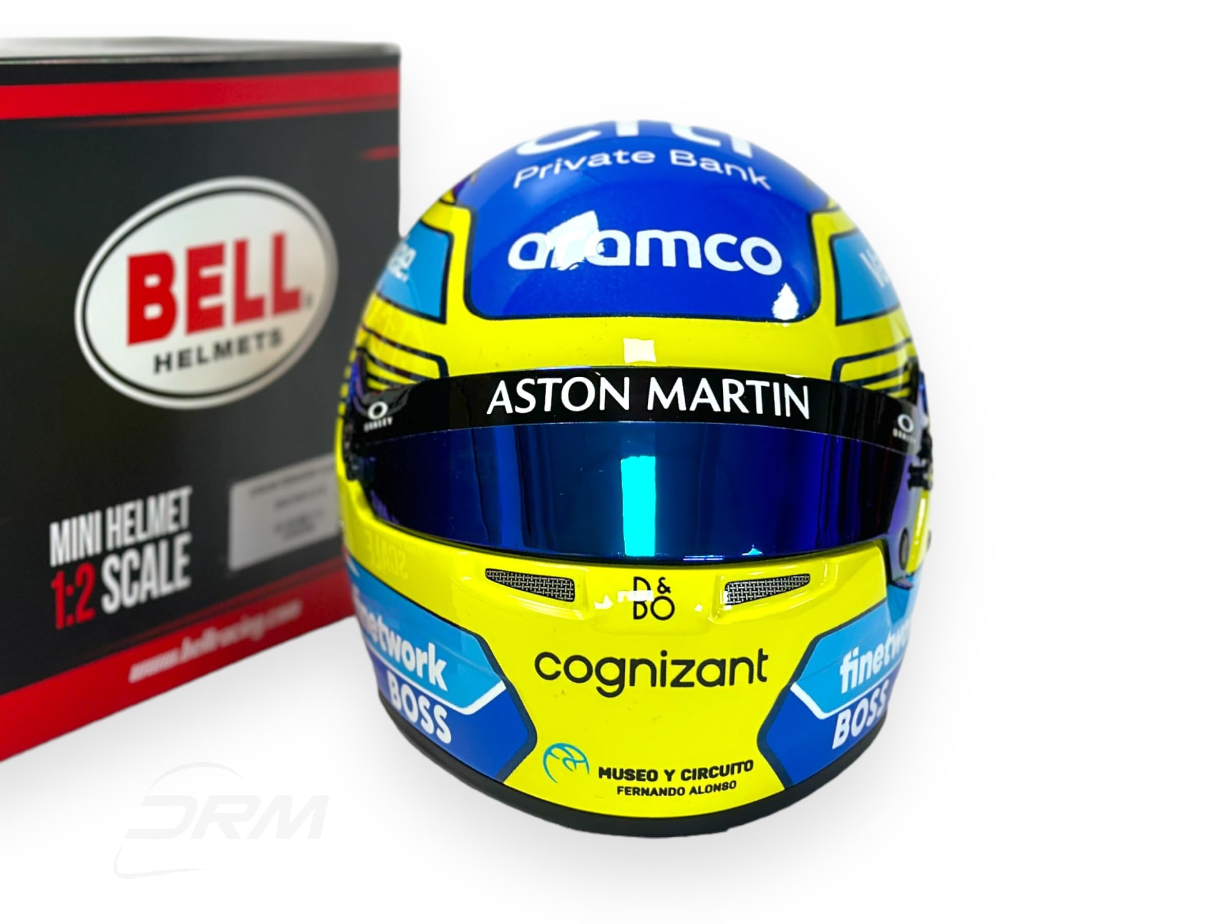 Aston Martin F1 Team - Casco en miniatura a escala 1/2 de Fernando Alonso 2024 - Casco oficial Bell - Azul/Amarillo