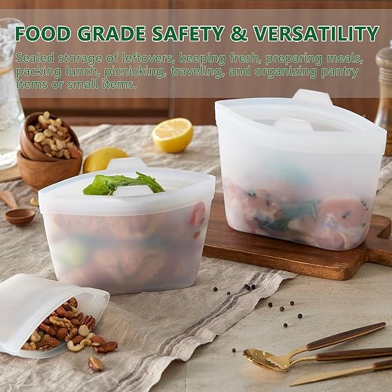 Reusable Silicone Food Storage Bags, 3-Pack Leakproof BPA-Free Freezer Bags