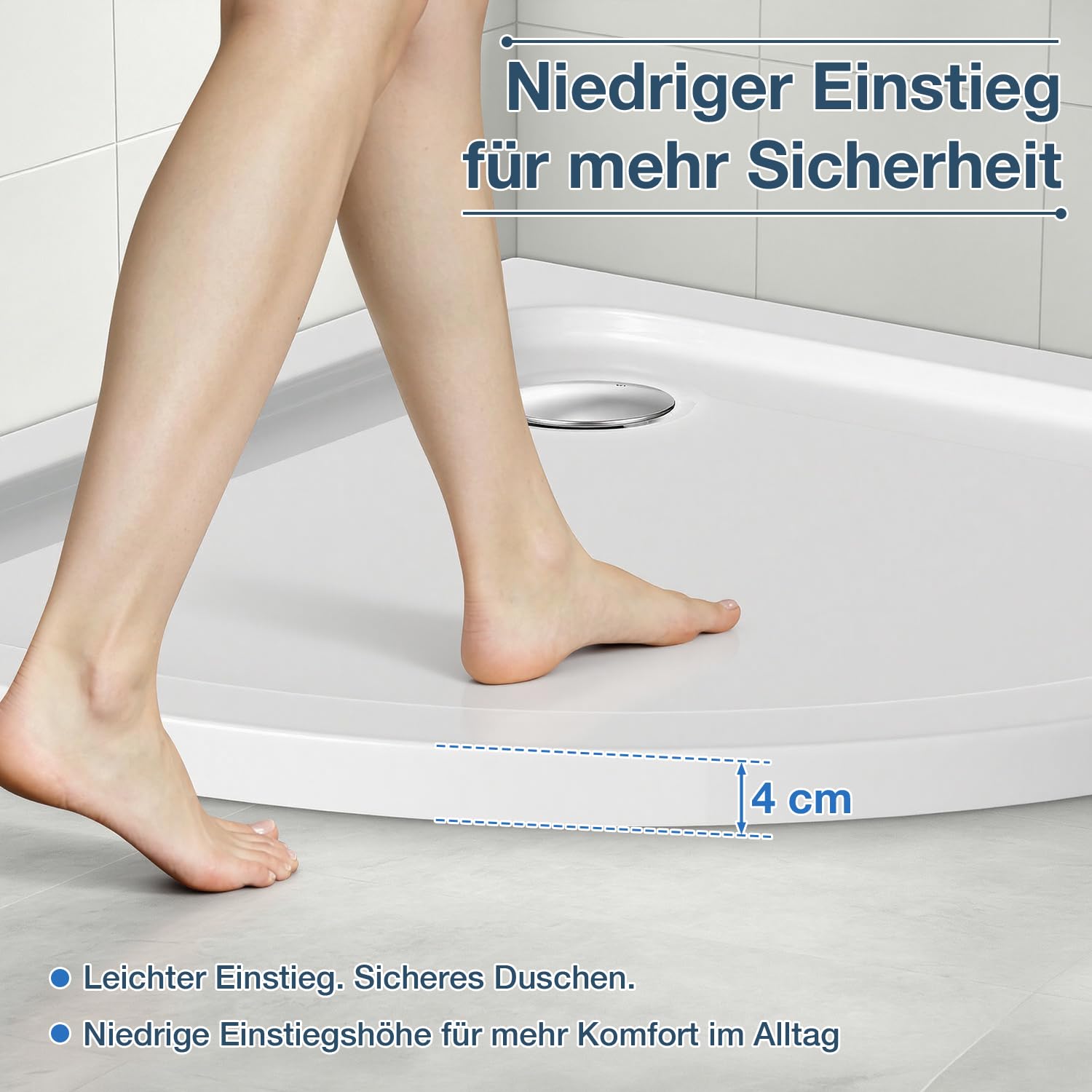 Piatto doccia 90 x 90 cm, quarto di cerchio con sifone, acrilico | 4 cm piatto, set completo con scarico, diametro 90 mm, per ristrutturazione del bagno, costruzione nuova e piccoli bagni