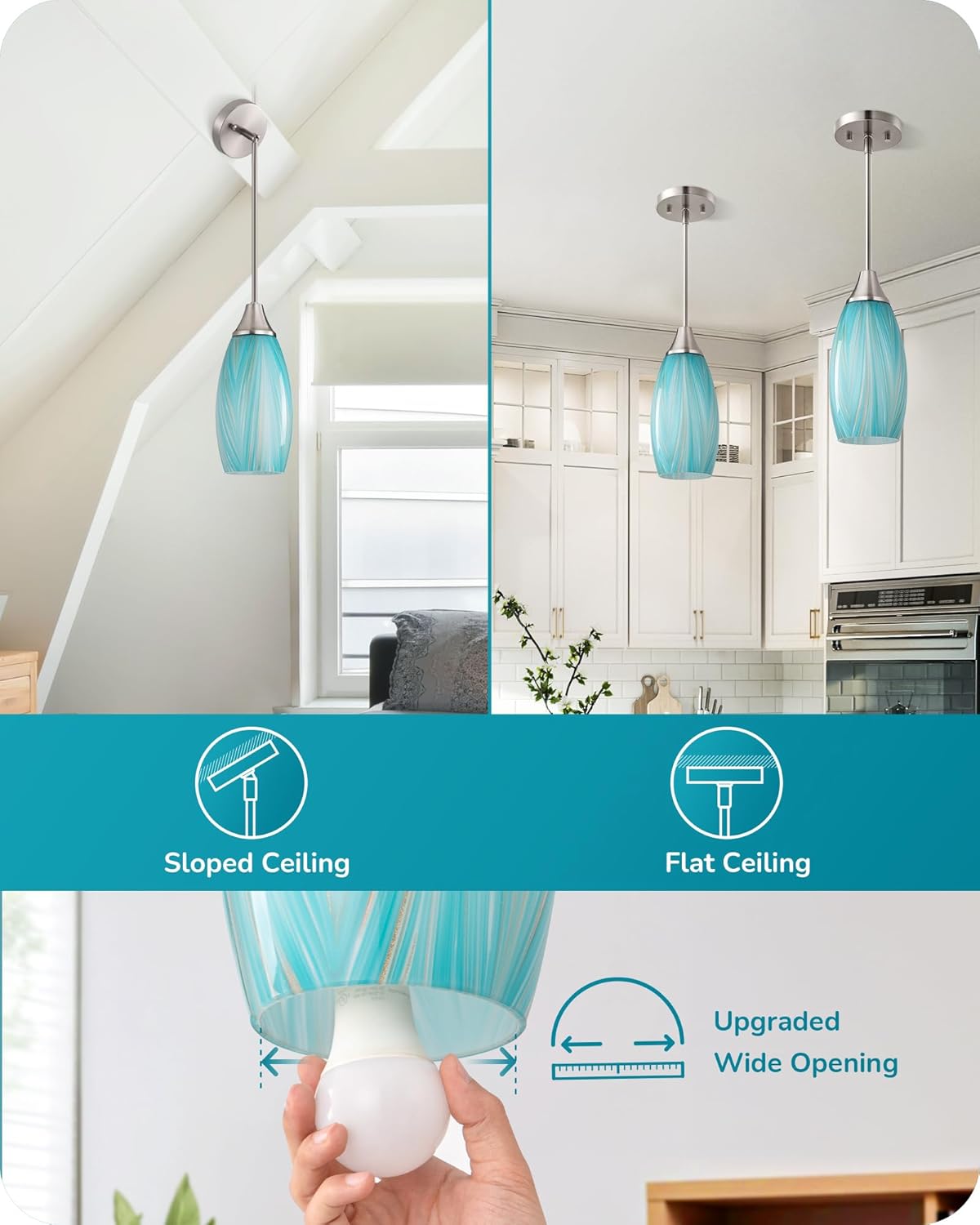 EDISHINE Pendant Lights Kitchen Island, Blue Handcrafted Art Glass, Blown Glass Pendant with 5.12” Dia x 11.40” H Shade, Teal with Gold, Adjustable Brushed Nickel Rods, Hardwired Over Island Bar, E26
