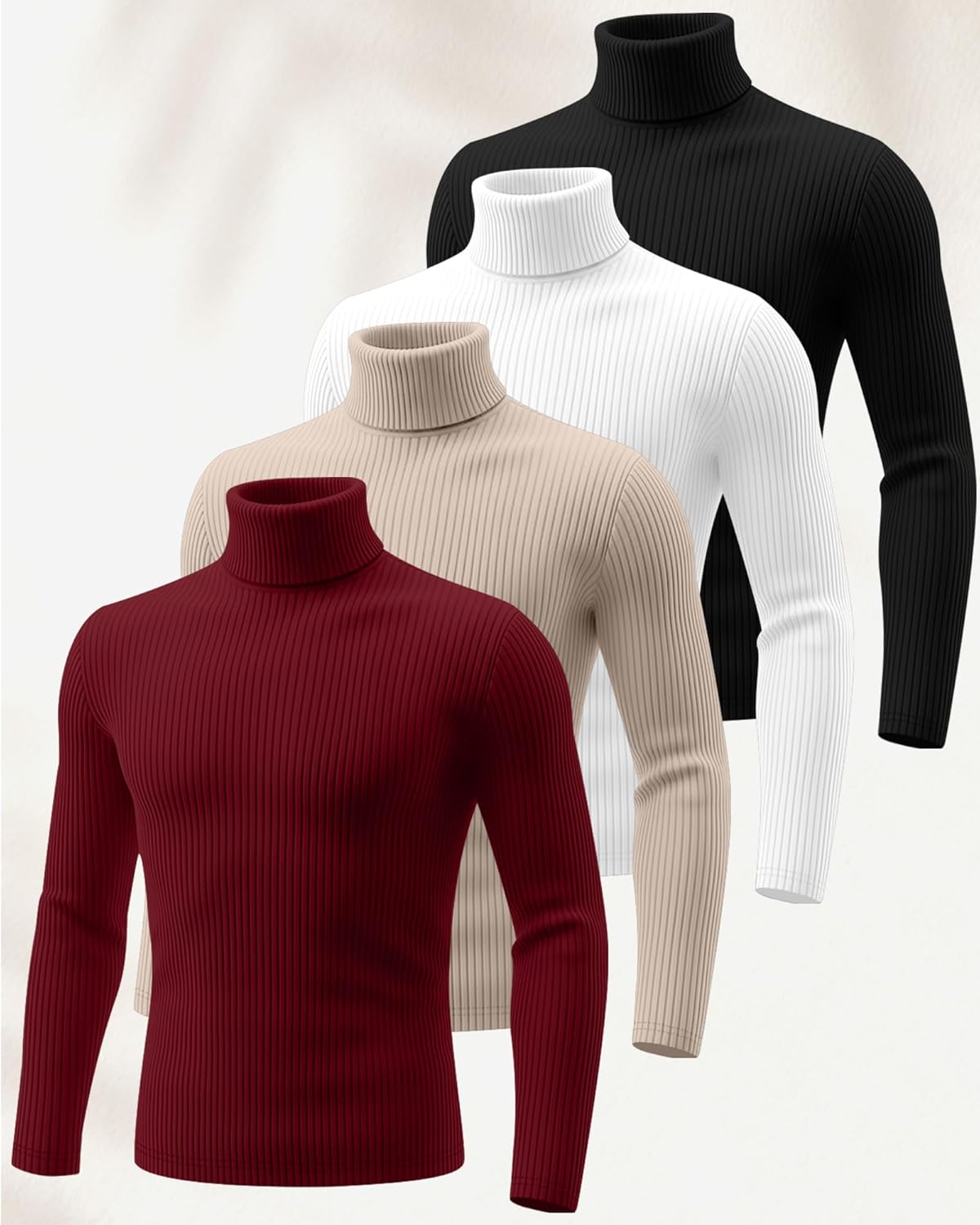 4 Pack Men's Big and Tall Turtleneck Shirts, Cotton Ribbed Long Sleeve Slim Fit Mock Neck Light Pullover Sweaters