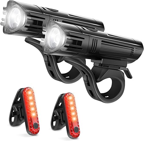 Ascher Ultra Bright USB Rechargeable Bike Light Set, Powerful Bicycle Front Headlight and Back Taillight, 4 Light Modes, Easy to Install for Men