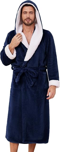 Vulcanodon Mens Ultra Soft Plush Bathrobe with Hood, Warm Fleece Robe with Pockets Spa Robes for Men Cozy Fluffy Fuzzy