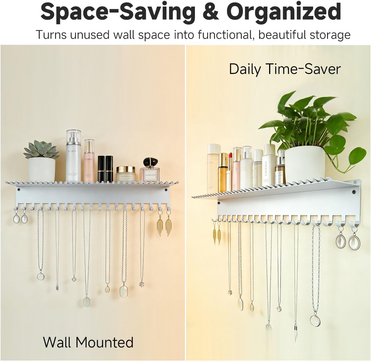 Necklace Jewelry Holder Wall Hanging Organizer Hangers Storage Mounted Shelf with 56 Hooks Tray Display Girls Women Metal Door Earring Mount Key Chains Rack White image 3