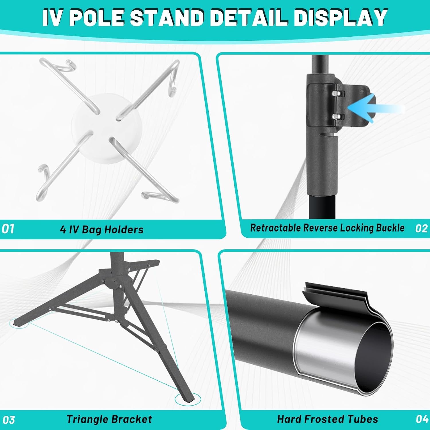 IV Pole Portable,46 to 86In Telescopic IV Stand Floor with 4 IV Bag Holder Stabilizing Tripod Stainless Steels Pipe Extension Pole IV Influsion Pole with Organizers Infusion Bags (Black)