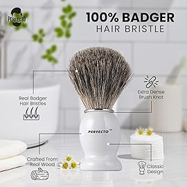 Perfecto 100% Pure Badger Shaving Brush-White Handle, Gift for Dad, Engineered for the Best Shave of Your Life. For Fathers Day Gift, Safety Razor, Double Edge Razor, Straight Razor, Shaving Razor