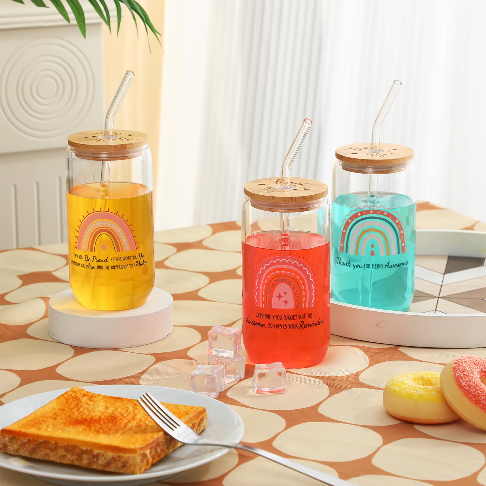 Tioncy 8 bicchieri di vetro a forma di lattina di ringraziamento per i dipendenti, 473,6 ml, bicchieri da caffè ghiacciato con coperchi in bambù e cannucce, per il personale del team e i colleghi