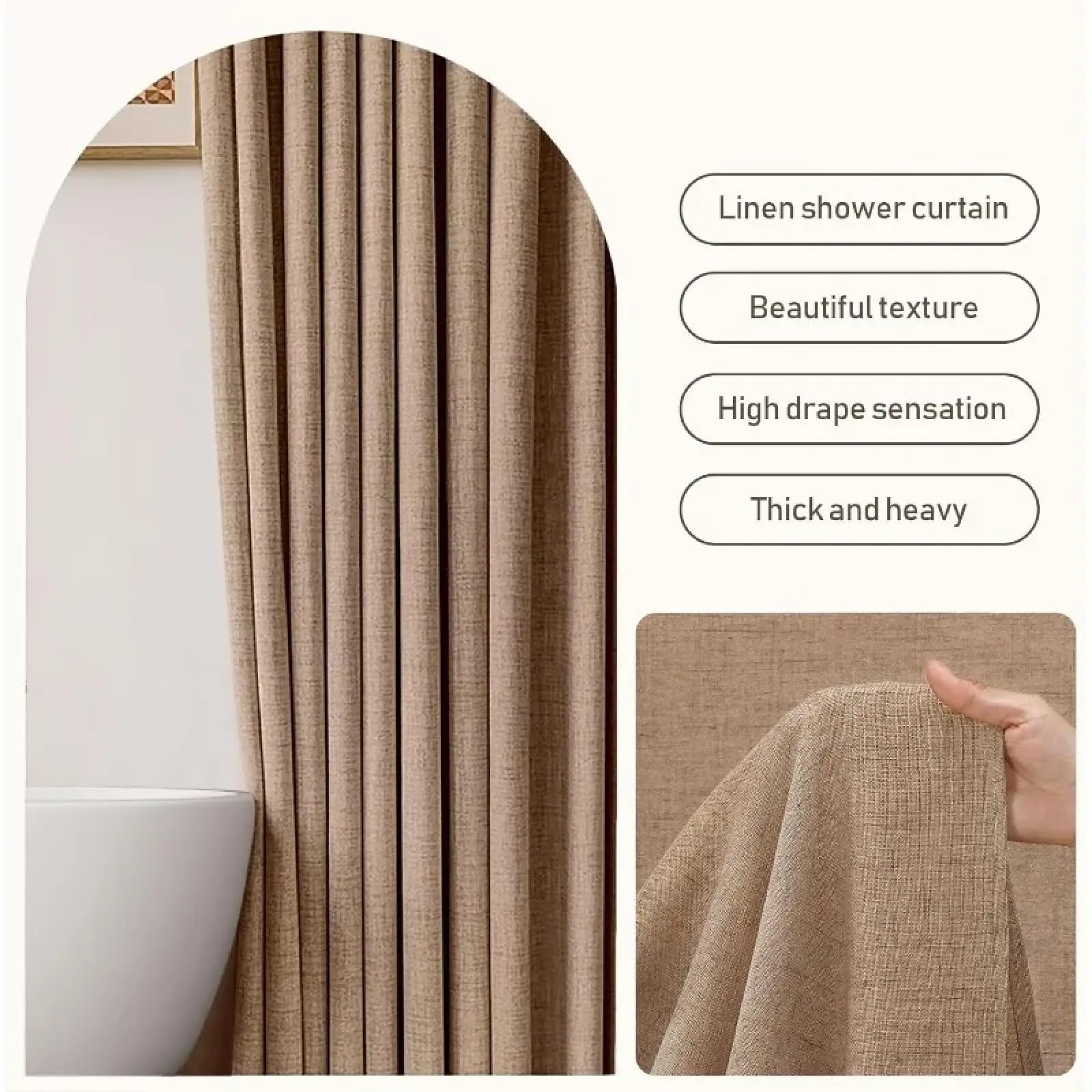 Großes, langes Duschvorhang-Set im braunen Leinenstil mit 12 robusten Haken – Duschvorhänge aus schwerem, hellbraunem Strukturstoff, 214 x 183 cm (B x H)