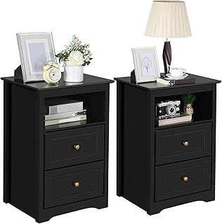 Yaheetech Nightstand Set of 2, Wooden Bedside Tables with 2 Drawer and Cubby, 2Pcs Tall Nightstand for Bedroom Small Space, Bedside Cabinet Telephone Table, 19″ L × 16″ W × 29″ H, Black