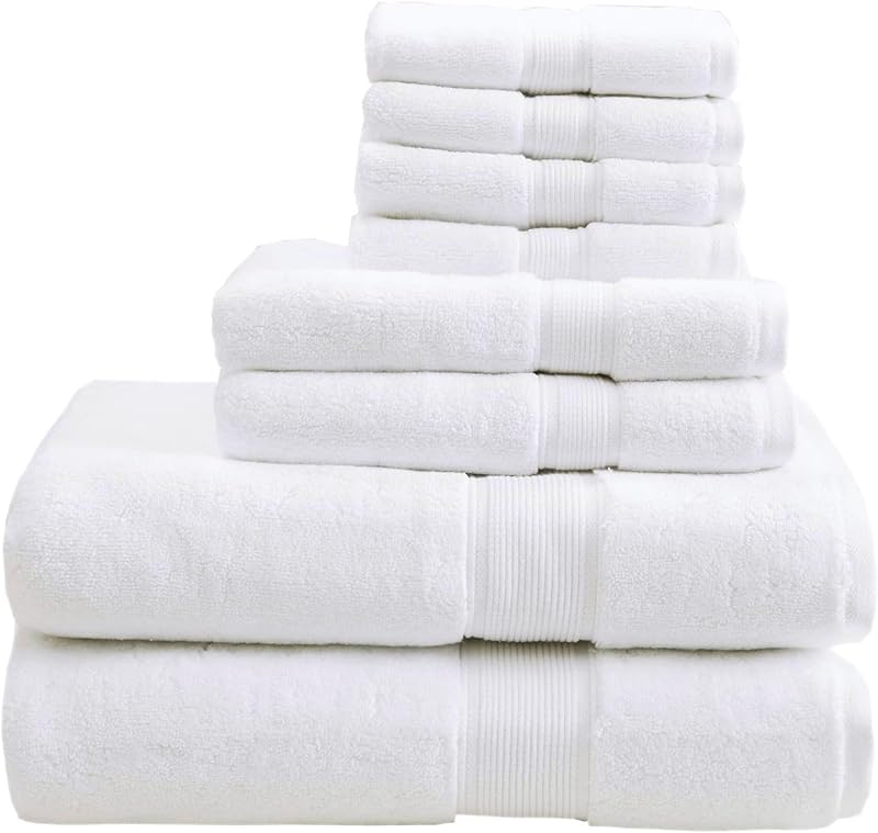 Madison Park 800GSM 100% Cotton Bathroom Bath Towel Set of 8, White | Long Staple, Highly Absorbent, Durable Hotel Spa Quality, Quick Dry, Double Stitched Hems, Lint Reducing, OEKO-TEX Certified
