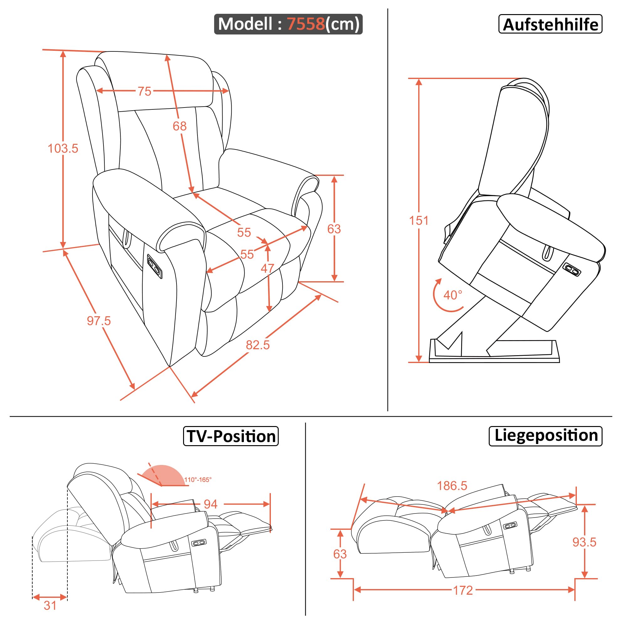 M MCombo Fauteuil TV 4 Moteurs avec Aide à la montée, électrique, Lombaire et Appui-tête réglables, zéro gravité 165°, Massage et Chauffage 7558 (Microfibre, Beige-Brun)