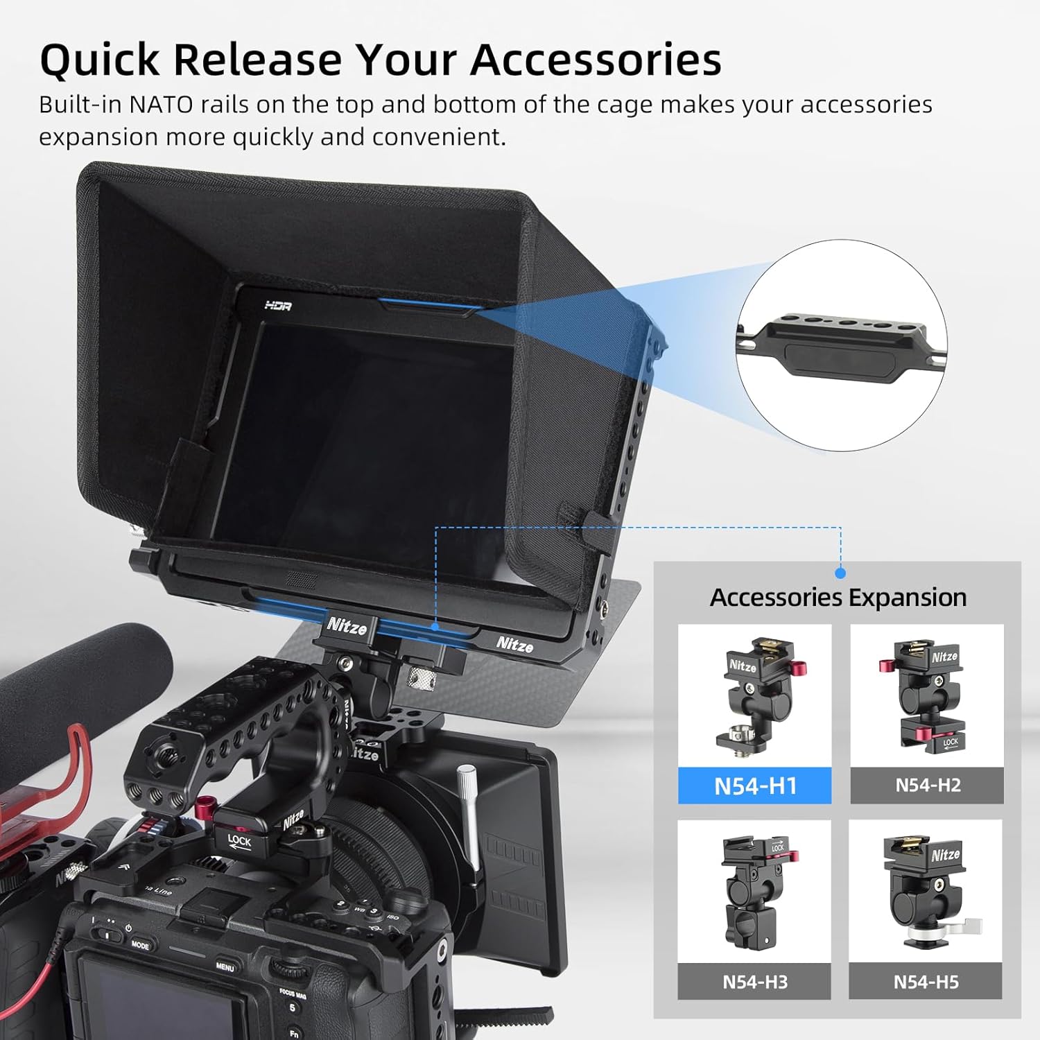 Nitze Cage for Blackmagic Design Video Assist 7" 12G Monitor with Sunhood, HDMI Cable Clamp and USB-C Cable Clamp - JT-B02B