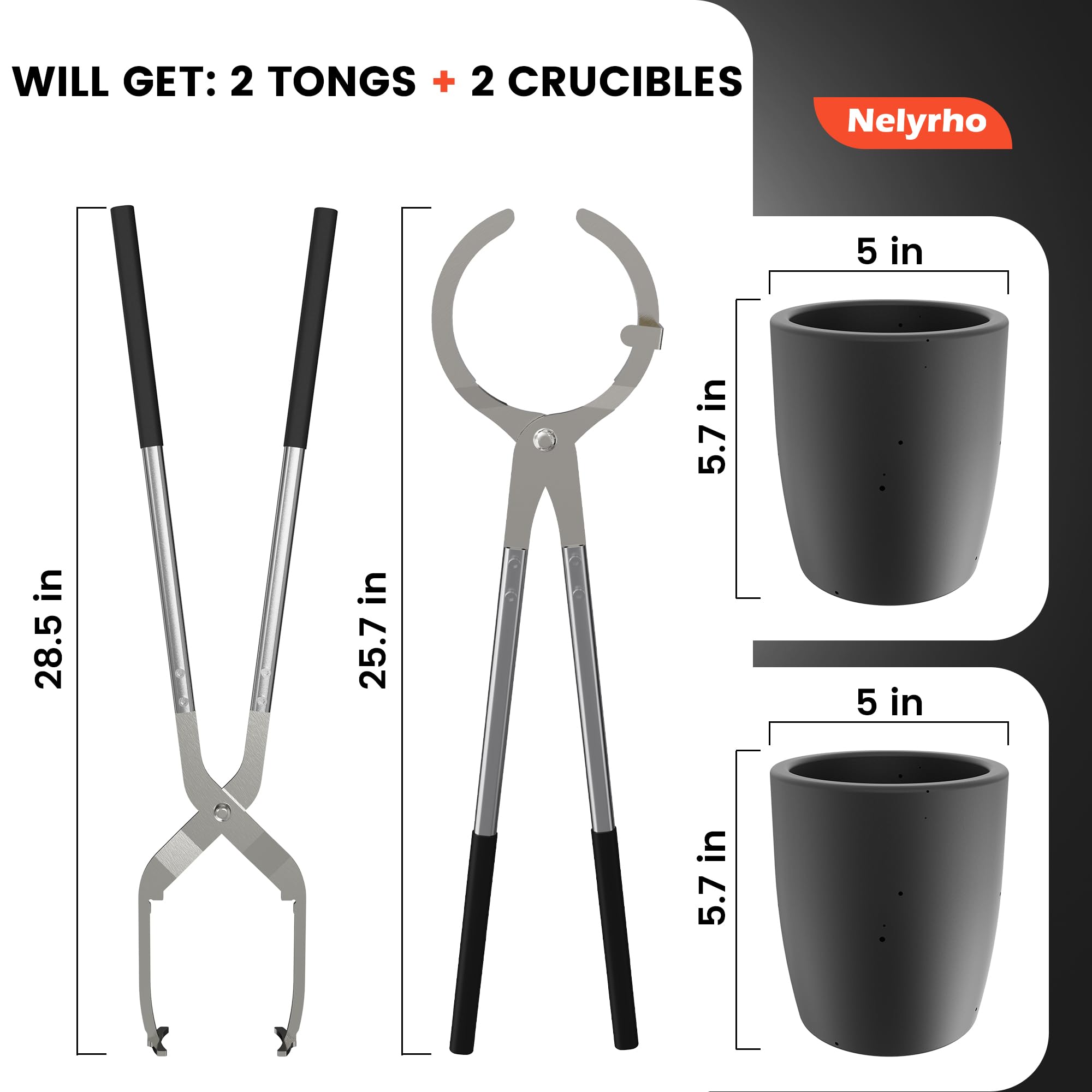 Nelyrho Tiegelzangen-Set zum Schmelzen und Gießen von Metall, 7 kg | Zangen-Set mit Hebe- und Gießzange und 2 Ausgießer Graphittiegel für Schmelzöfen, DIY Metallguss