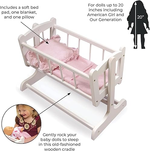 Miniatura 4 de Badger Basket Cama de muñeca estilo reliquia de juguete con ropa de cama a cuadros para muñecas de 20 pulgadas, blancorosa