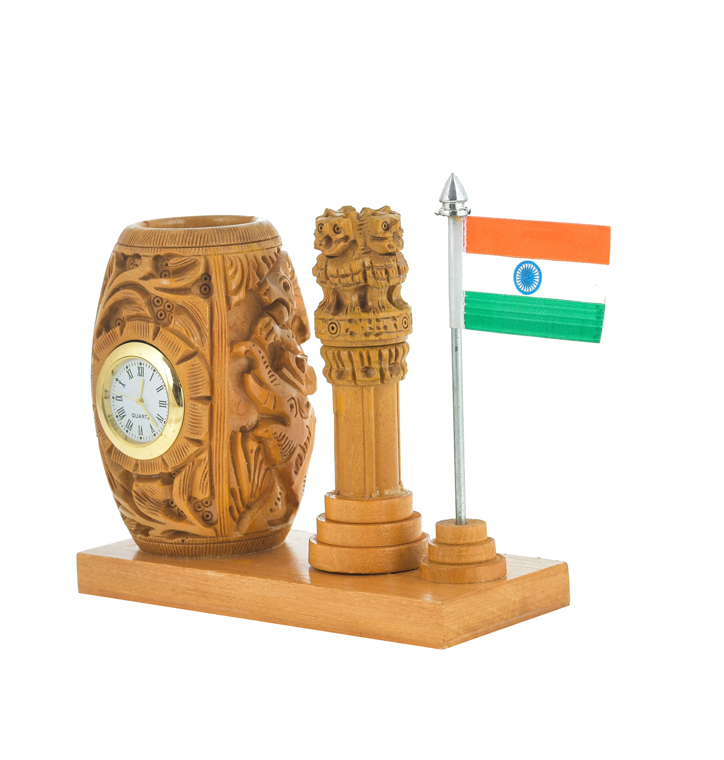 Kaka jiji Handicraft Stylish 5 Inches Wooden Pen stand with Clock Ashok Stamb for office/study table decoration items I Brown Color Pen/Pencil Holder Pack of 1 II Teachers Day Gifting (5 Inches) 1