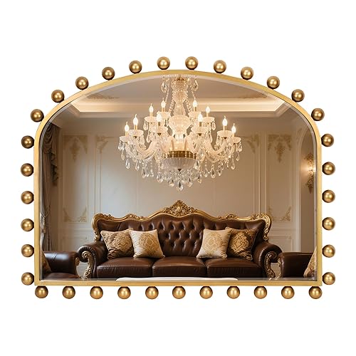 36"x28" Wide Arched Wall Mirror, Antique Gold Ball Frame with
