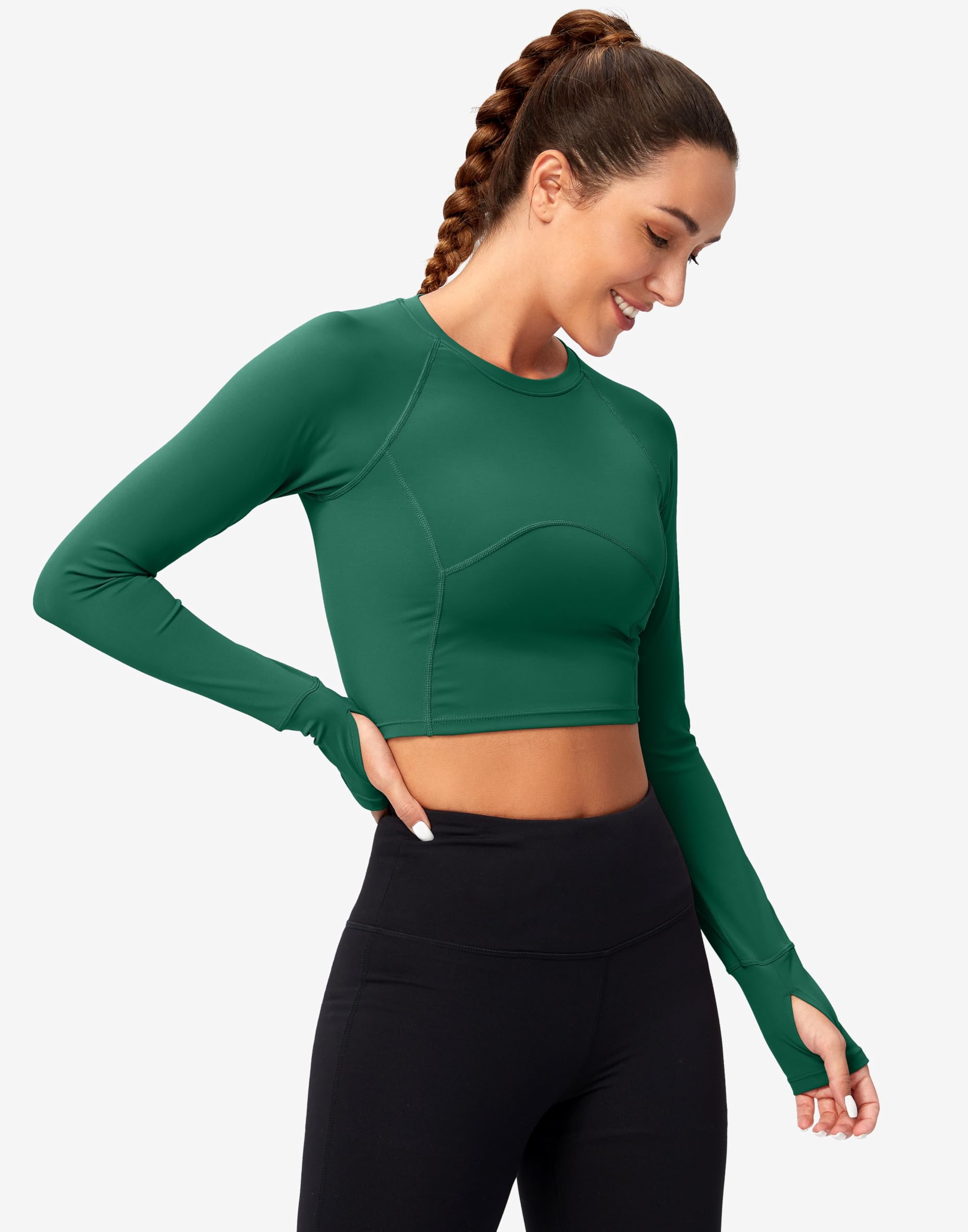 SANTINY Top corto da donna a maniche lunghe per allenamento, vestibilità aderente, per palestra, yoga, corsa