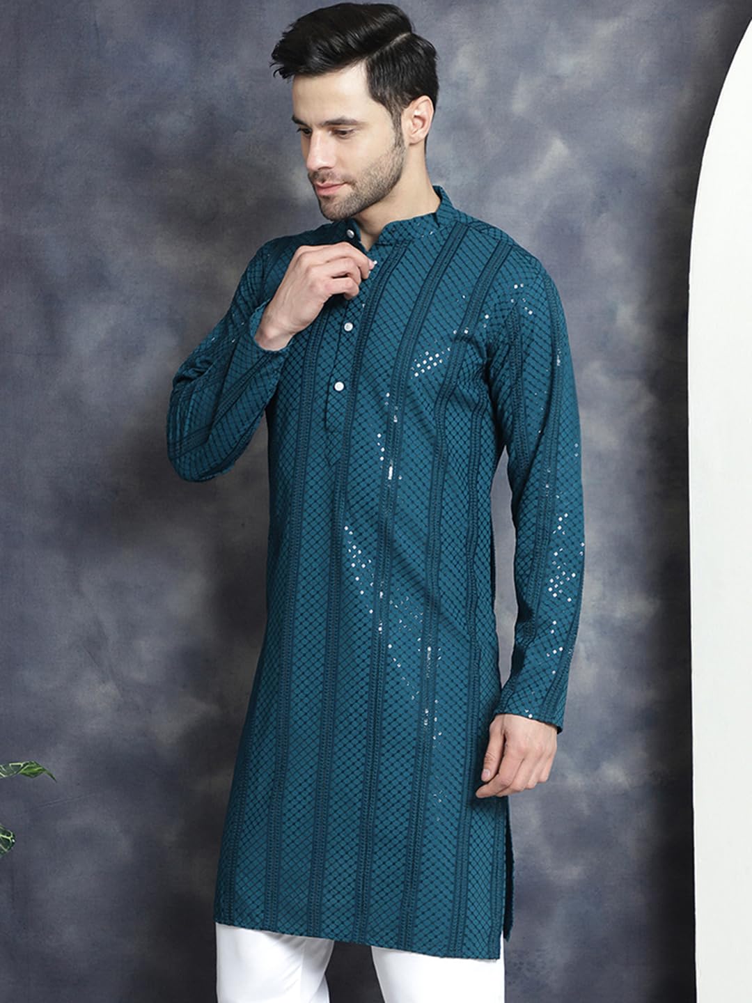 Jompers Men's Sequins Chikankari Embroidered Kurtas (Peacock, S)