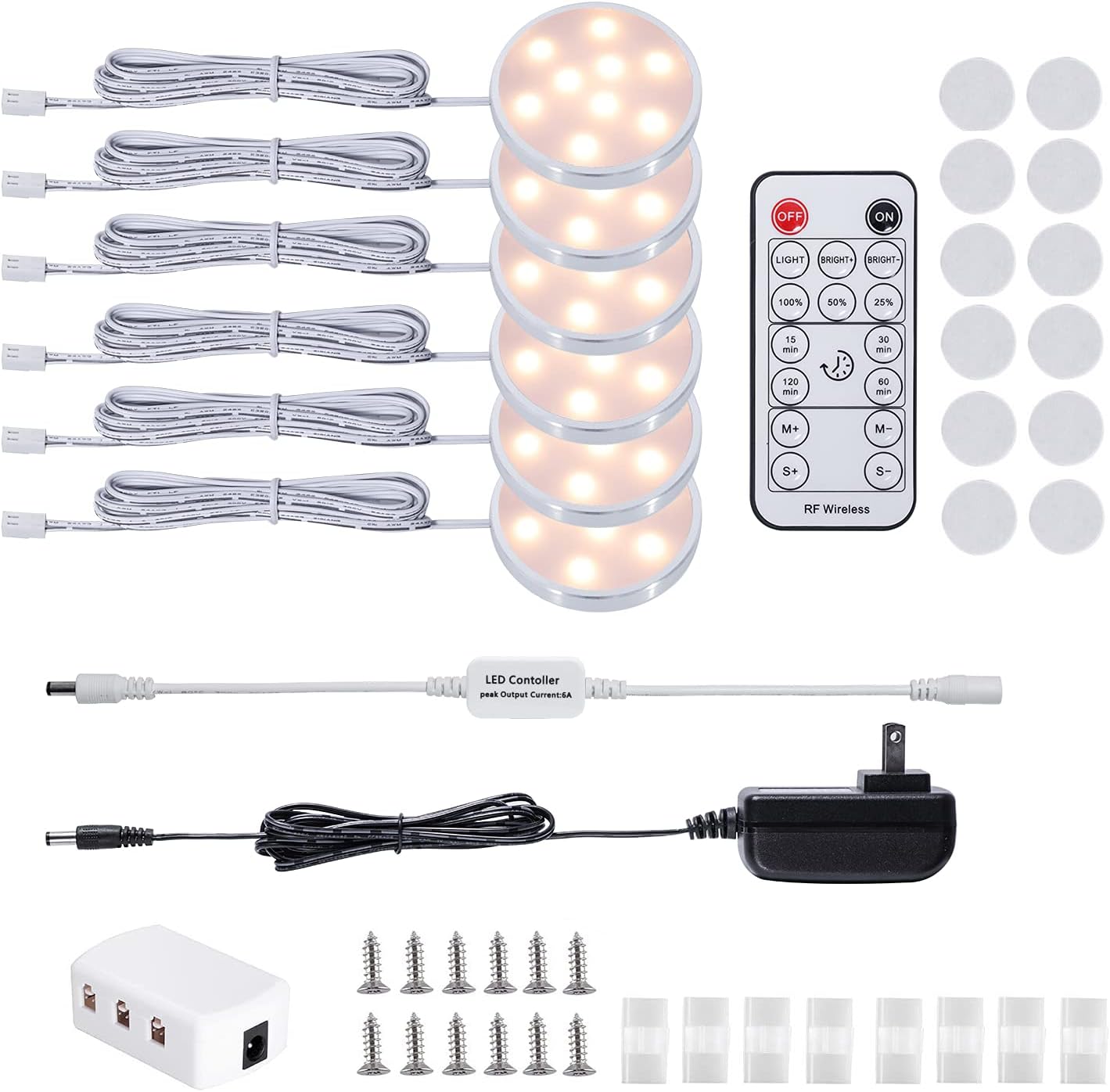 LED Dimmable Under Lighting Kit,12V 6 Pack Wired Puck Lights with Remote Control, Plug