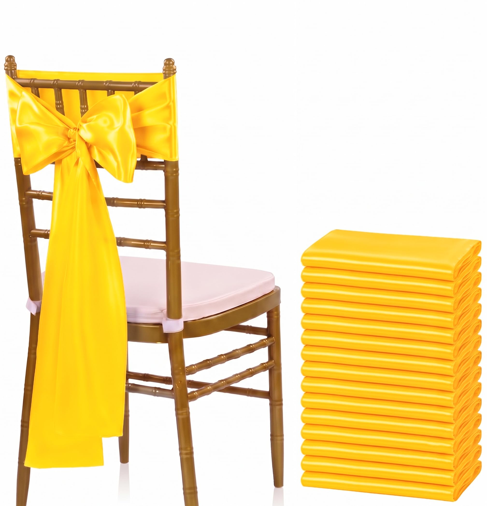 VDS Satin Chair Sashes Chair Cover Back Tie Sateen Bows Ribbon for Wedding Birthday Graduation Engagement Ceremony Event Party Banquet Venue Hotel All Dining Chair Decoration (100PC) (Yellow Gold)