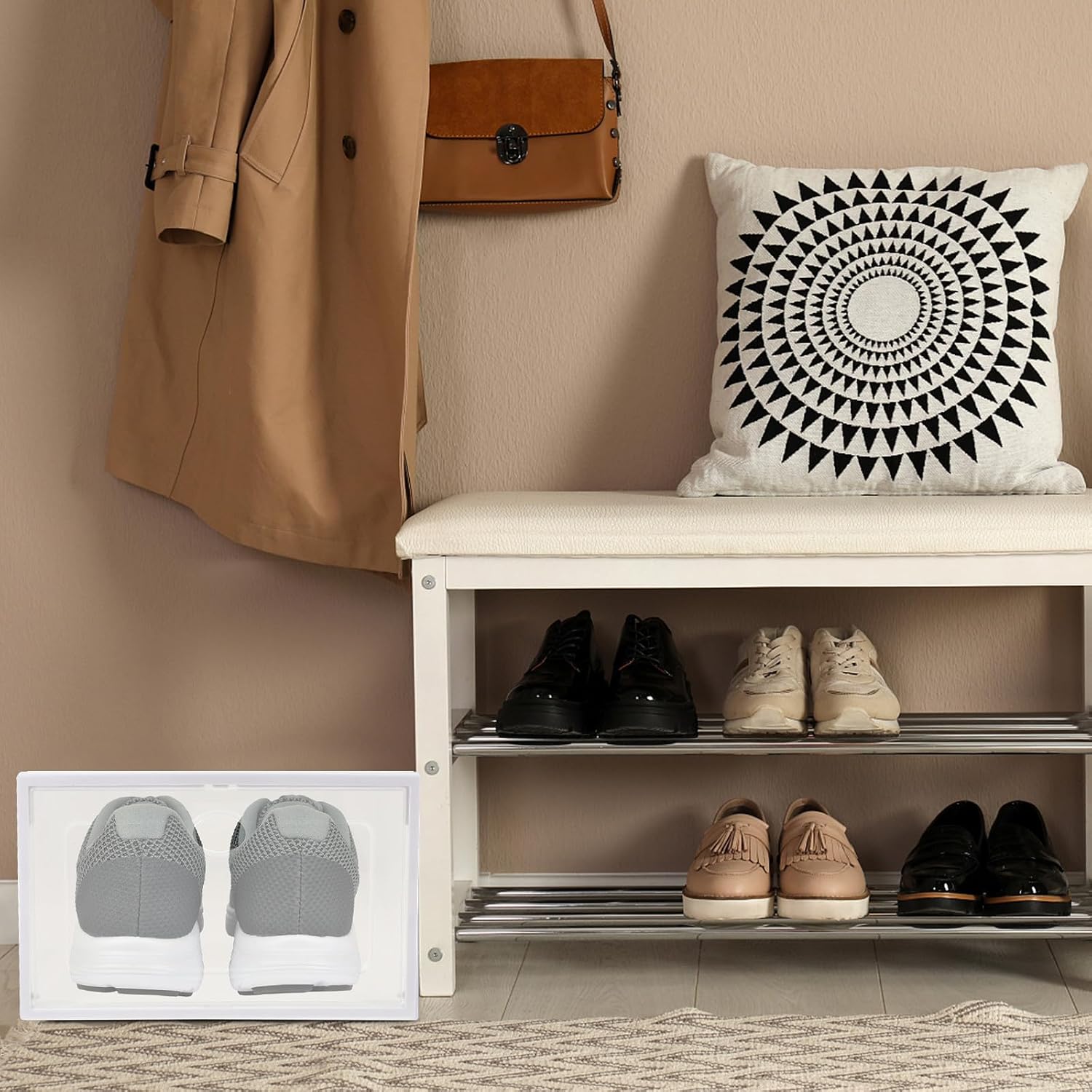 Plastic Shoe Storage Box for 2 Pairs, Drawer-type Shoe Organizer Container 35x24x14.5cm, Beige, Space-saving Closet Storage for Sneakers and Boots
