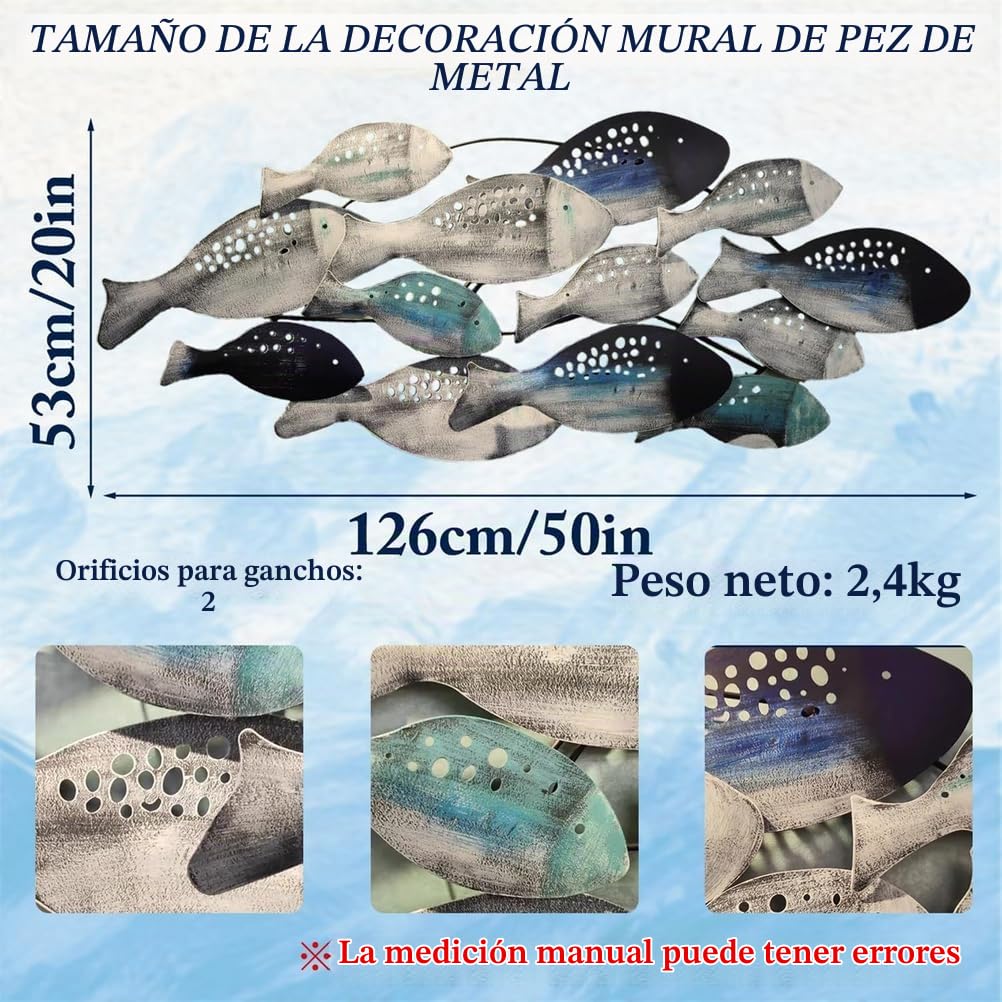 Decoración de Pared de pez de Metal con diseño costero oceánico, Escultura de pez 3D Grande de 127 x 50 cm, Arte Mural de Banco de Peces Pintado a Mano, decoración Colgante para Sala de Estar