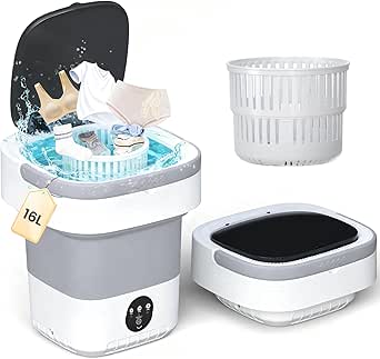 Portable Washing Machine - 16L Foldable Mini Washer with Spin Basket and 3 Cleaning Modes