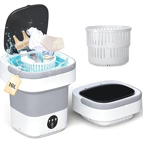 Portable Washing Machine - 16L Mini Foldable Washer with Spin Basket, 3 Cleaning Modes & Deep Cleaning for Small Clothes, Collapsible Laundry for Apartment, Home, Hotel and Travel (Gray)