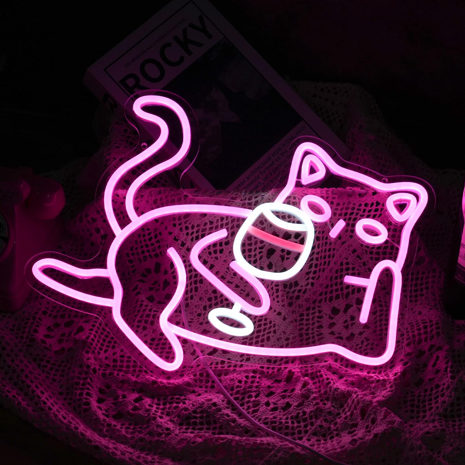 Amazon.co.jp: 猫ワイングラスネオンサイ ン調光可能 LEDライト ピンク
