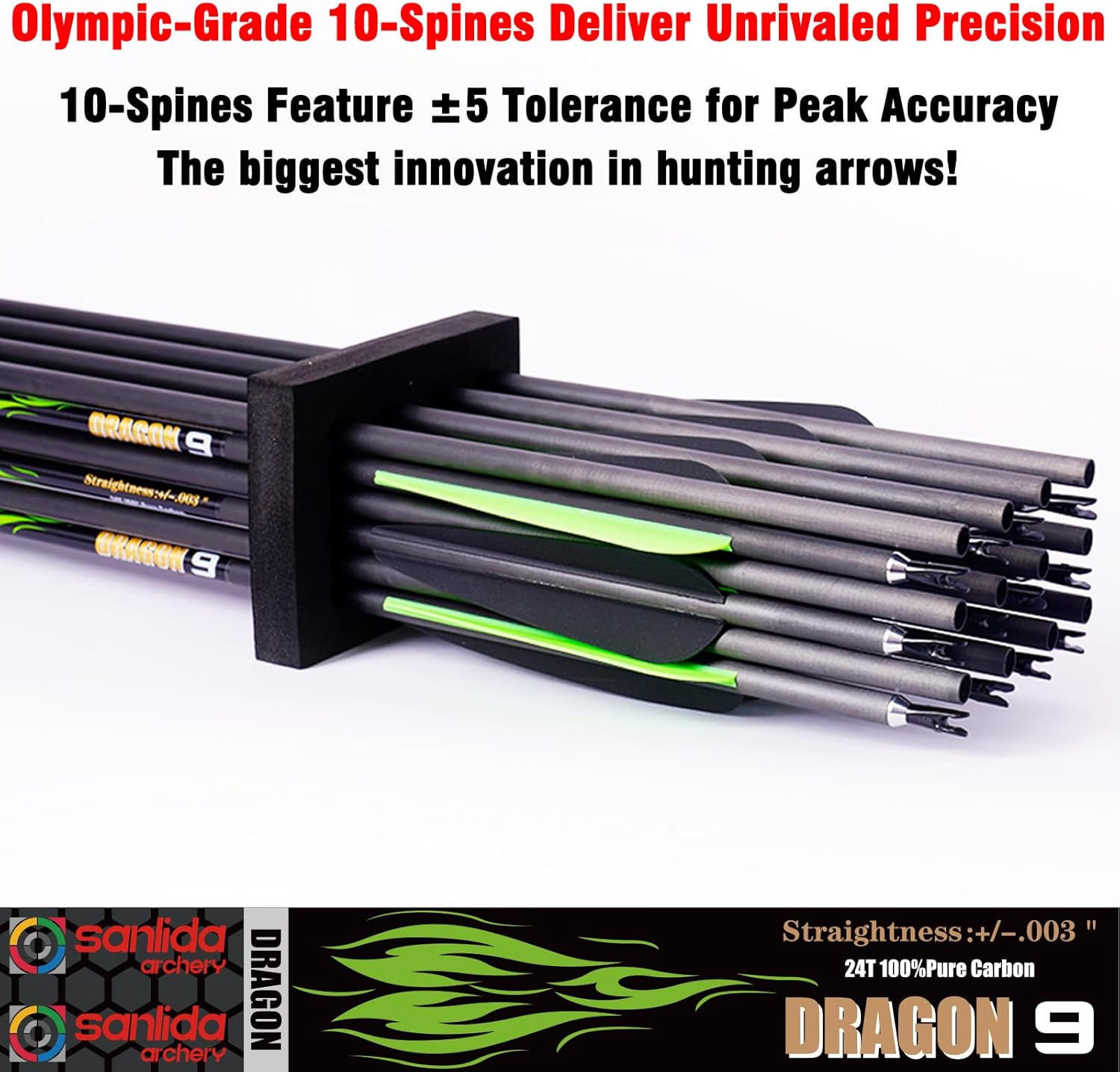 sanlida 100% Pure Carbon Hunting Arrows, Olympic-Grade 10 Spines Deflection (Unique), 0.001"/0.003"/0.006" Straightness, Buy 12 Get 12 Free/Buy 6 Get 6 Free, for Compound & Recurve Bows (12/24PCS)